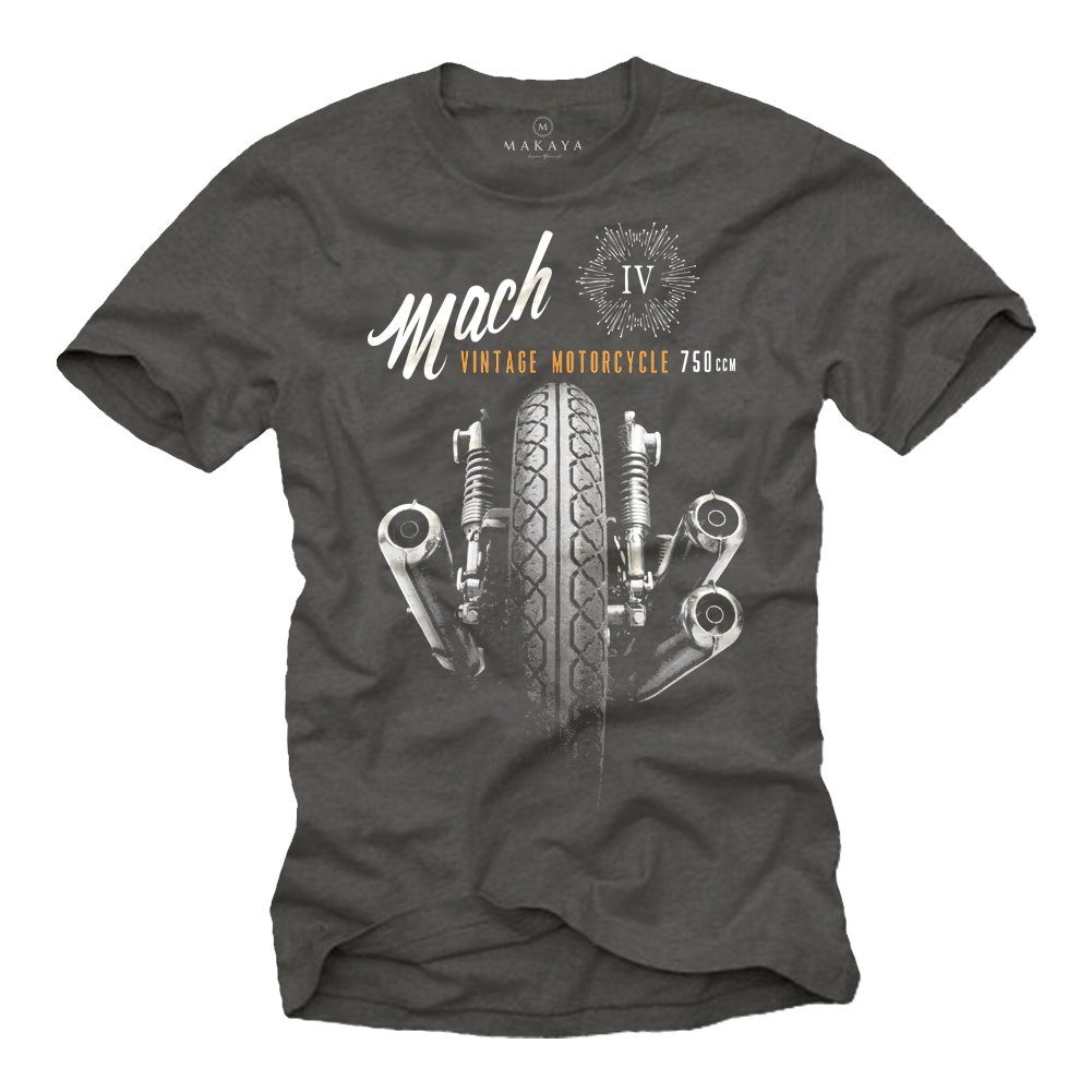 MAKAYA T-Shirt Herren Mach 4 Aufdruck Vintage Motorrad Bekleidung Männer Geschenke mit Druck, aus Baumwolle Grau