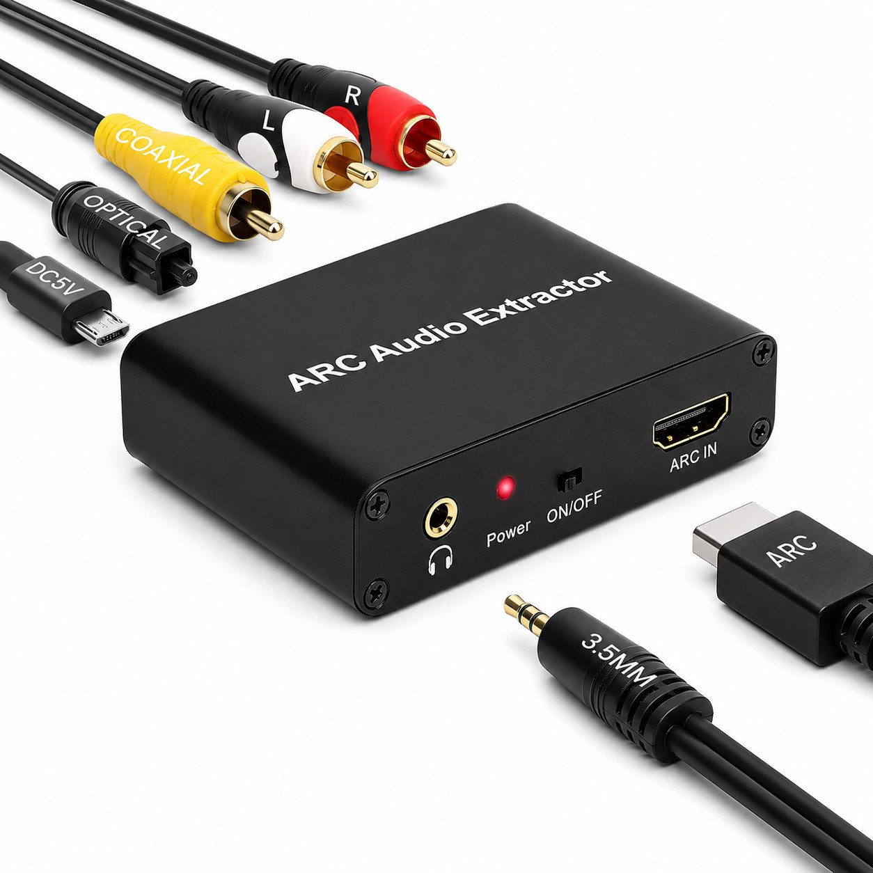 XEOOCE HDMI-ARC-Audio-Extraktor, Optisch Koaxial 3,5 mm, 192 kHz, Schwarz Audio-Adapter Nicht zutreffend zu 3,5-mm-Klinke, ARC-Audio, 192 kHz, 3 Ausgänge, TV-Steuerung, Plug-and-Play