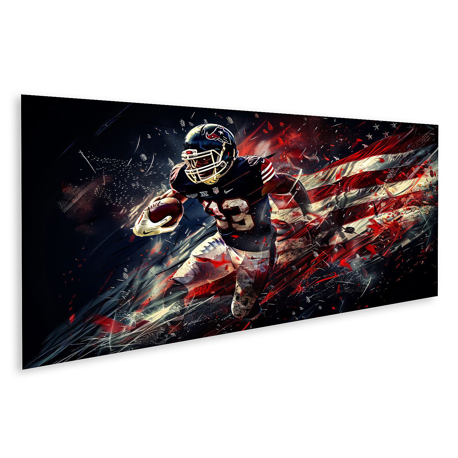 islandburner Leinwandbild, Dynamischer Footballspieler mit amerikanischer Flagge
