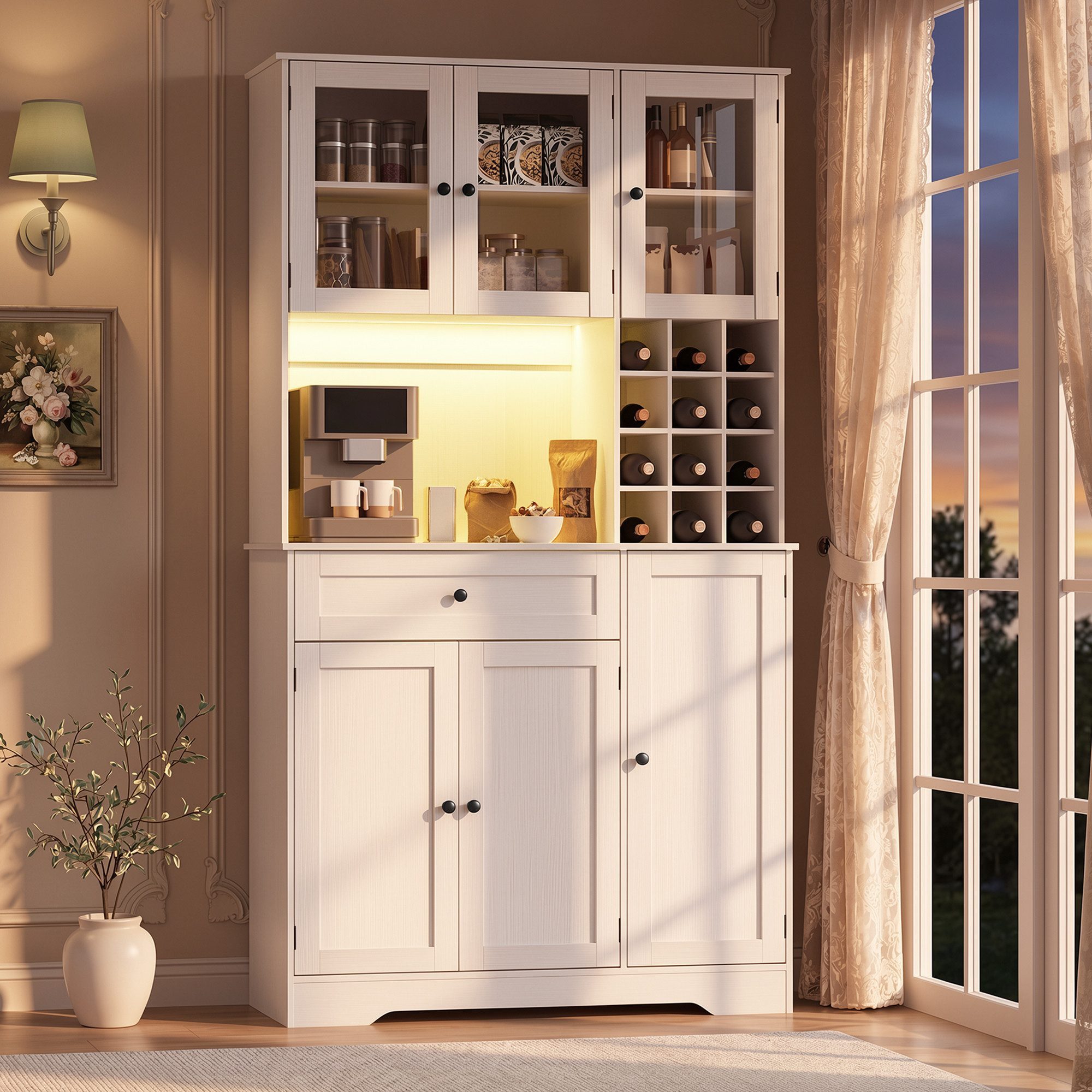 Blishom Küchenbuffet Küchenbuffet mit LED-Beleuchtung, Steckdosenfeld und Weinregal Verstellbare Einlegeböden, abnehmbares Weinregal und magnetische Türen