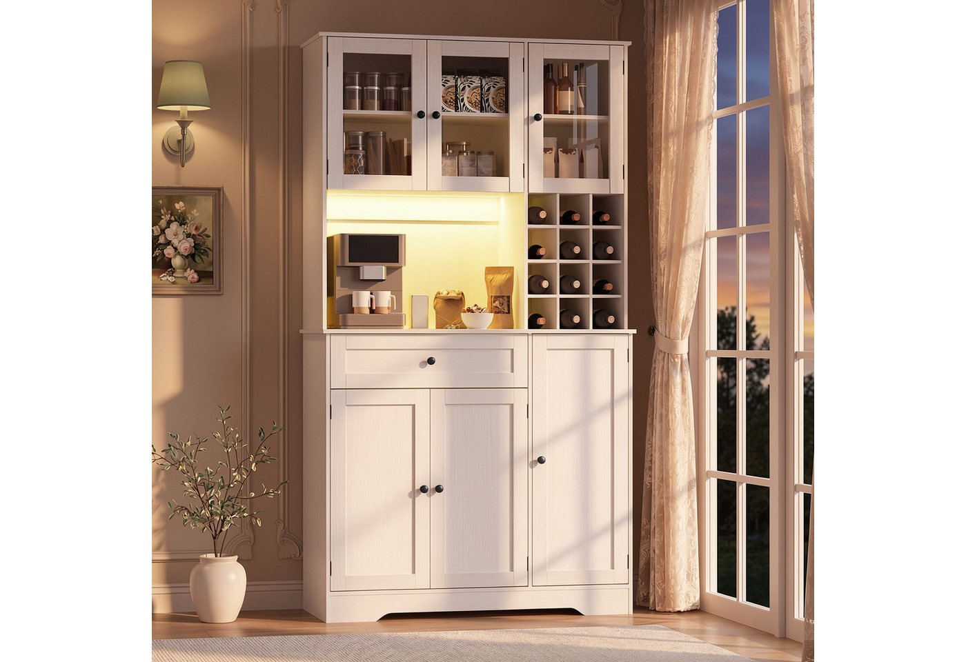 Blishom Küchenbuffet Küchenbuffet mit LED-Beleuchtung, Steckdosenfeld und Weinregal Verstellbare Einlegeböden, abnehmbares Weinregal und magnetische Türen