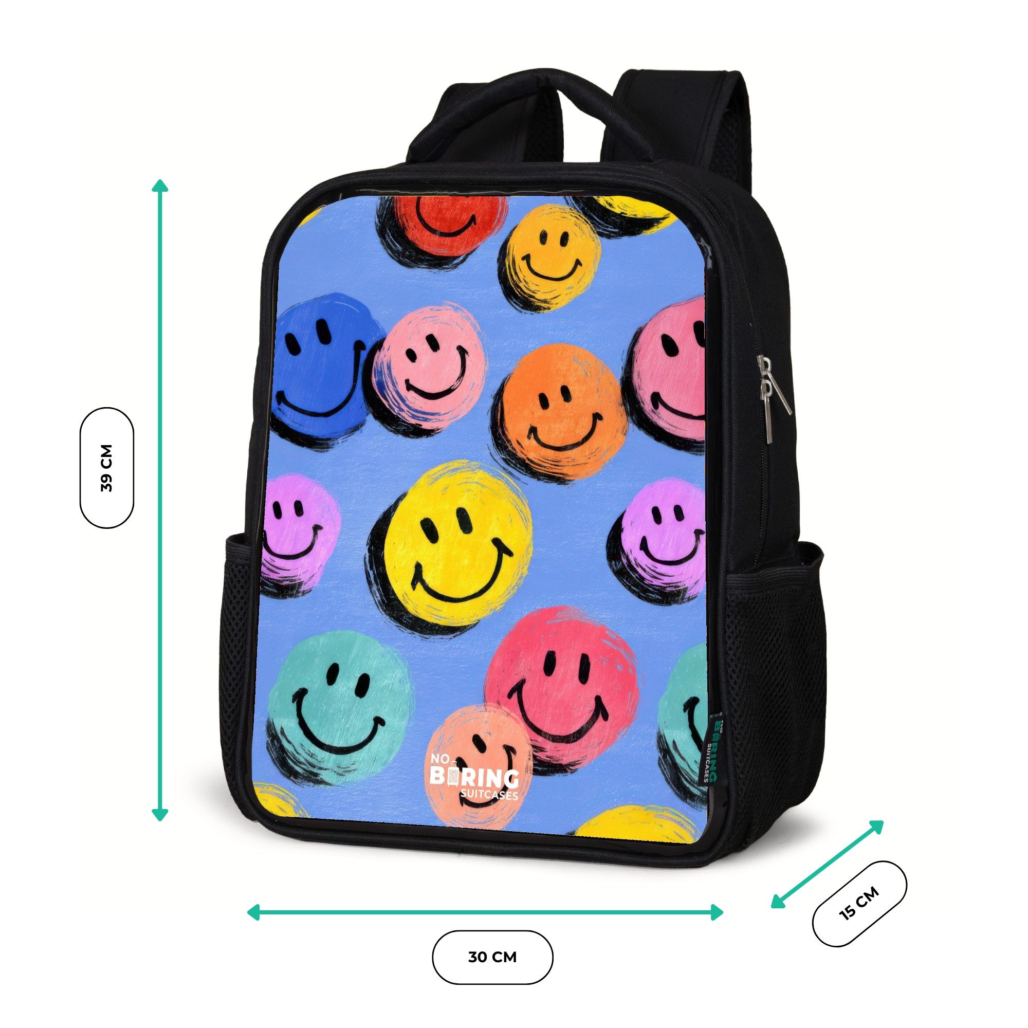 NoBoringSuitcases.com© Rucksack Ein verspieltes und künstlerisches Muster aus bunten Smileys, Kinderrucksack Schwarz, Schulrucksack, Freizeitrucksack Jungen Mädchen