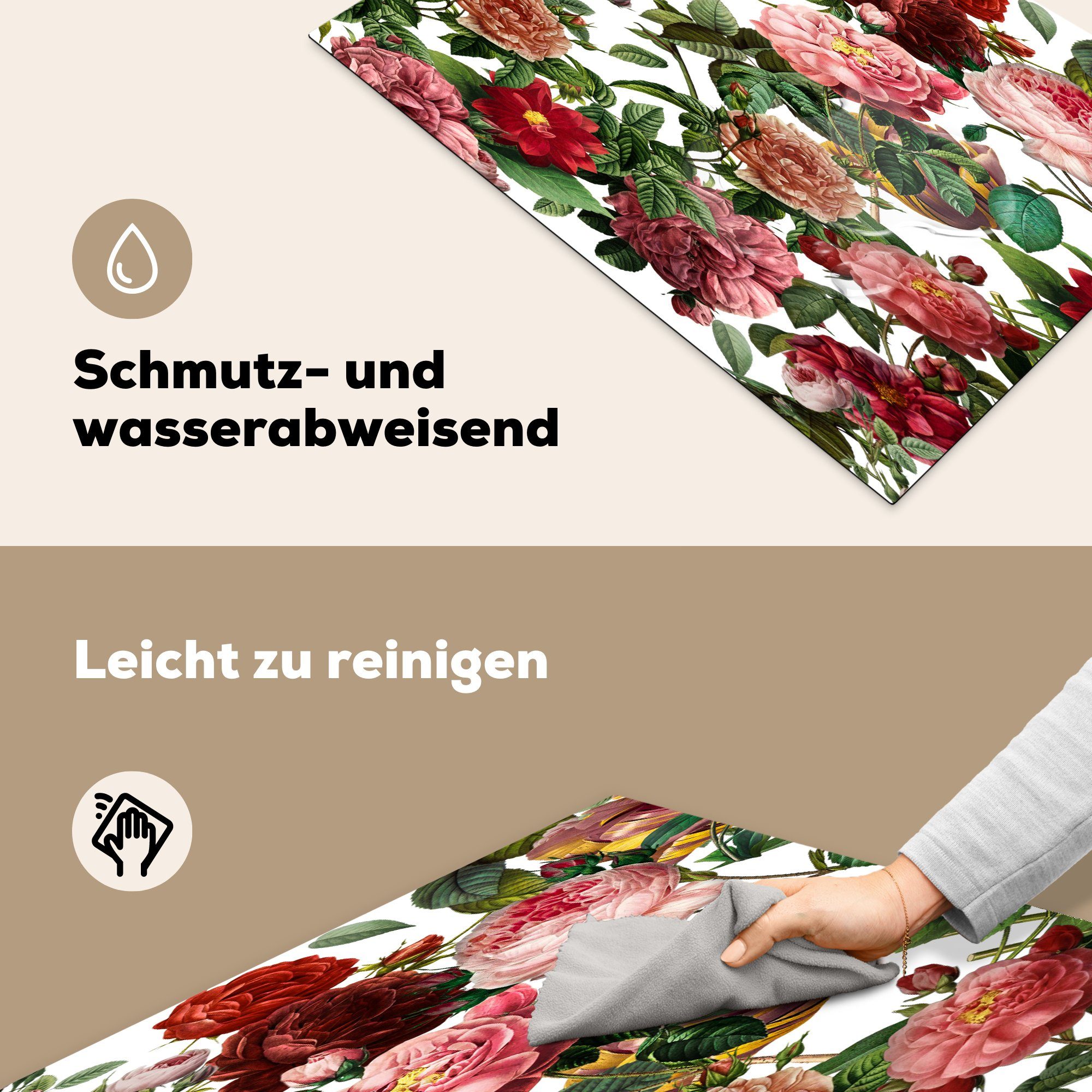 MuchoWow Herdblende-/Abdeckplatte Weiß Ceranfeldabdeckung cm, die für - Strauch, Rosa Vinyl, 81x52 - küche, Blumen Schutz - tlg), (1 Induktionskochfeld