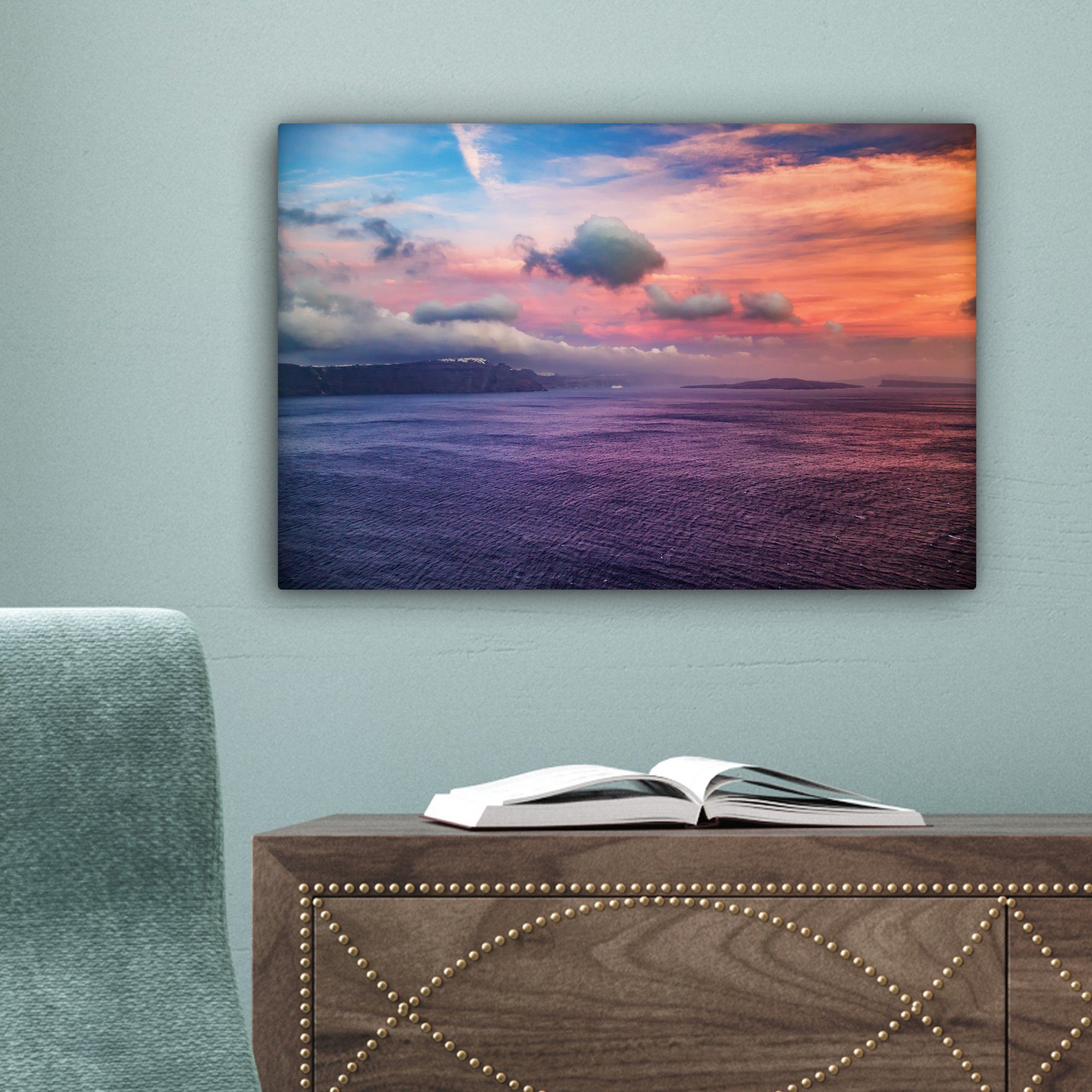 OneMillionCanvasses® Leinwandbild St), Griechenland Santorini Wandbild cm Leinwandbilder, 30x20 Wanddeko, (1 Sonnenuntergang, Aufhängefertig, bei