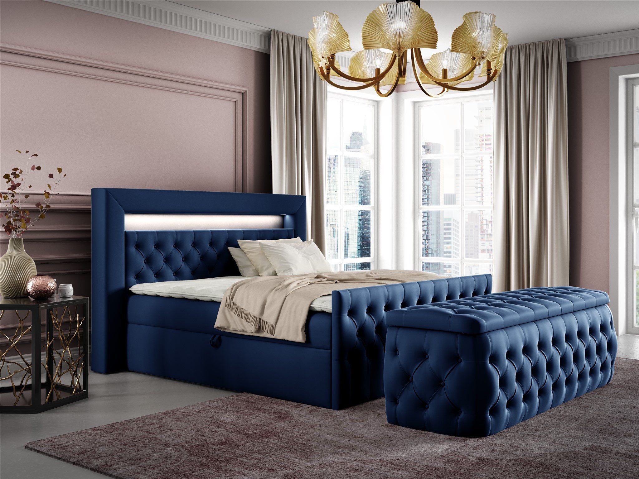 Fun Möbel Boxbett Schlafzimmerbett ERNESTO Nr.3 in Stoff Elisa Velvet (inkl. Topper, Auch mit Nachtkonsolen erhältlich), inkl. Polsterhocker, LED-Beleuchtung mit Fernbedienung