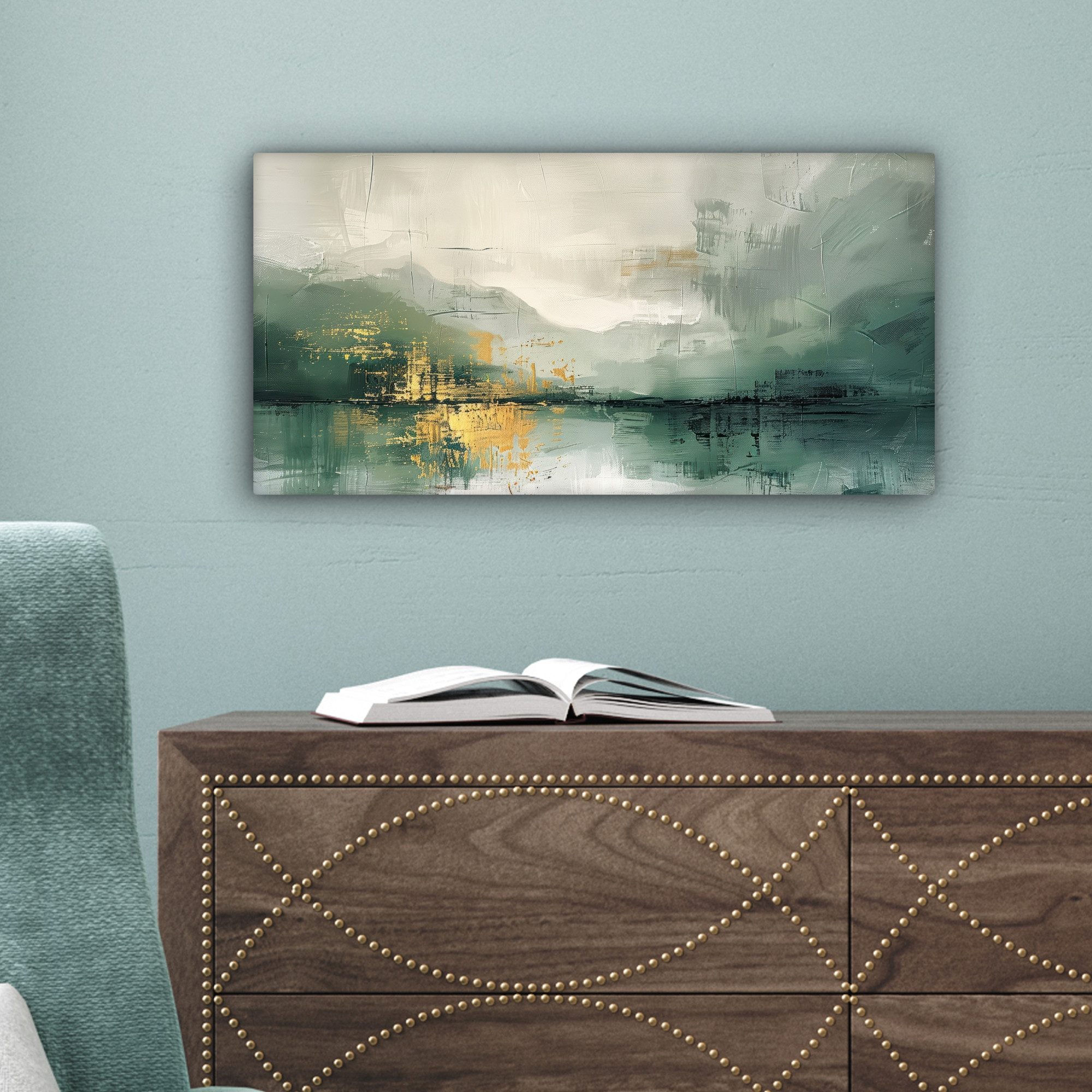 OneMillionCanvasses® Leinwandbild Panorama Grün - Modern - Abstrakt - Gold, Fotodruck (1 St), Leinwand Bilder für Wohnzimmer Schlafzimmer 60x30 cm – Bild 5 von 5
