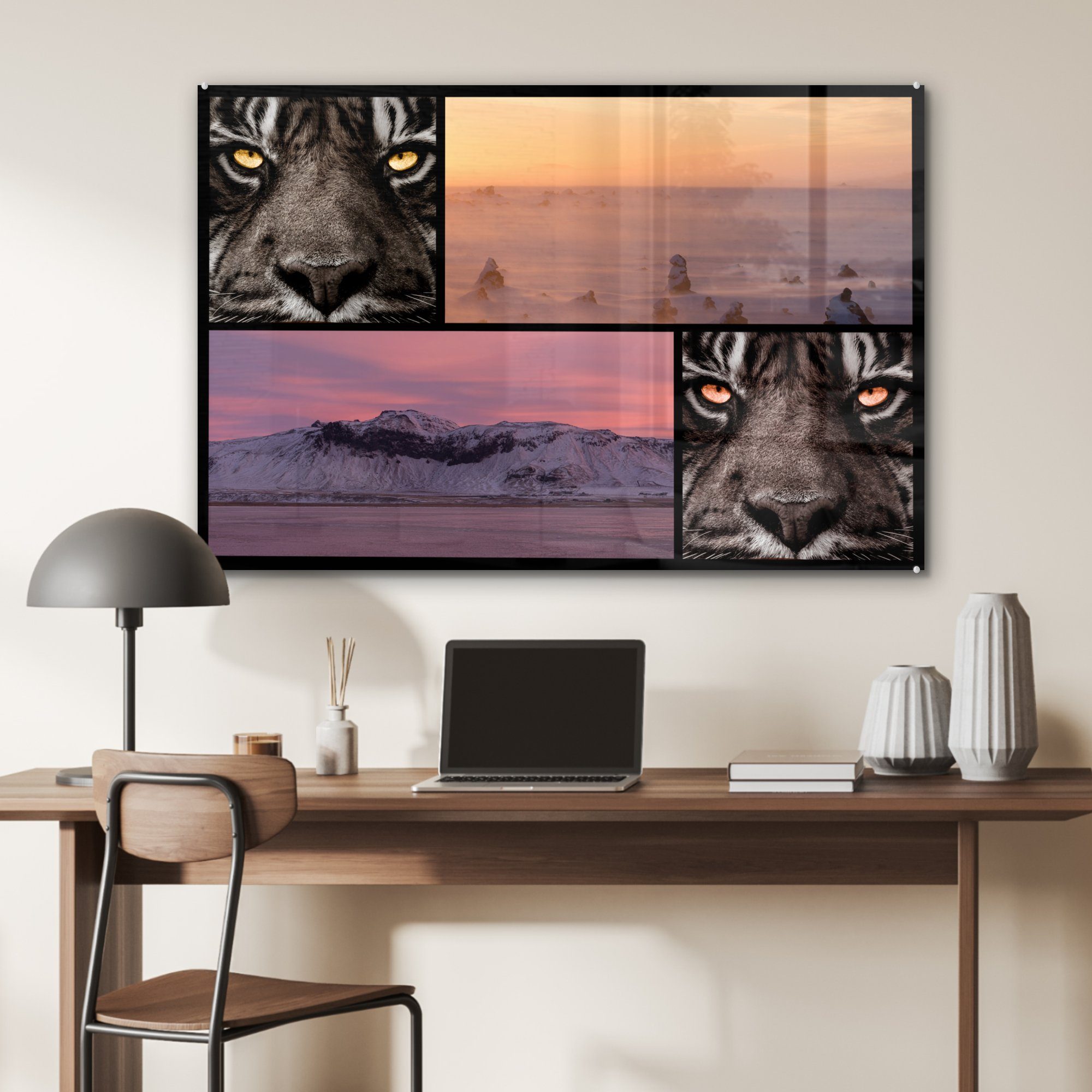 Sonnenuntergang, & Tiger - - Natur Acrylglasbilder Acrylglasbild Schlafzimmer - MuchoWow Collage St), (1 Wohnzimmer