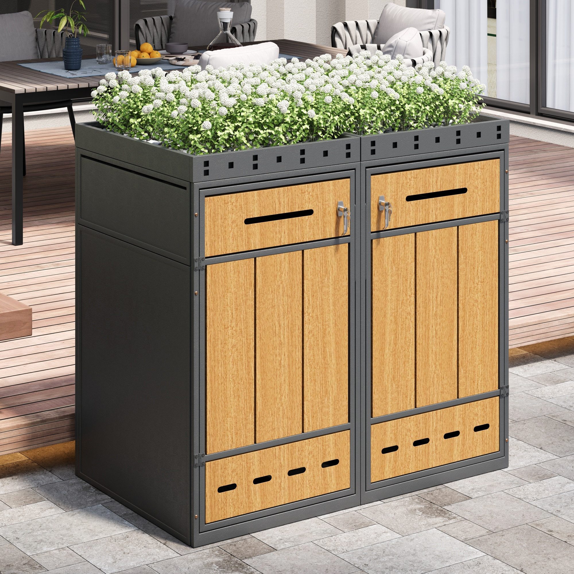 Flieks Mülltonnenbox (1 St), Mülltonnenschrank für 2 Tonnen 120–240 Liter mit Pflanzdach