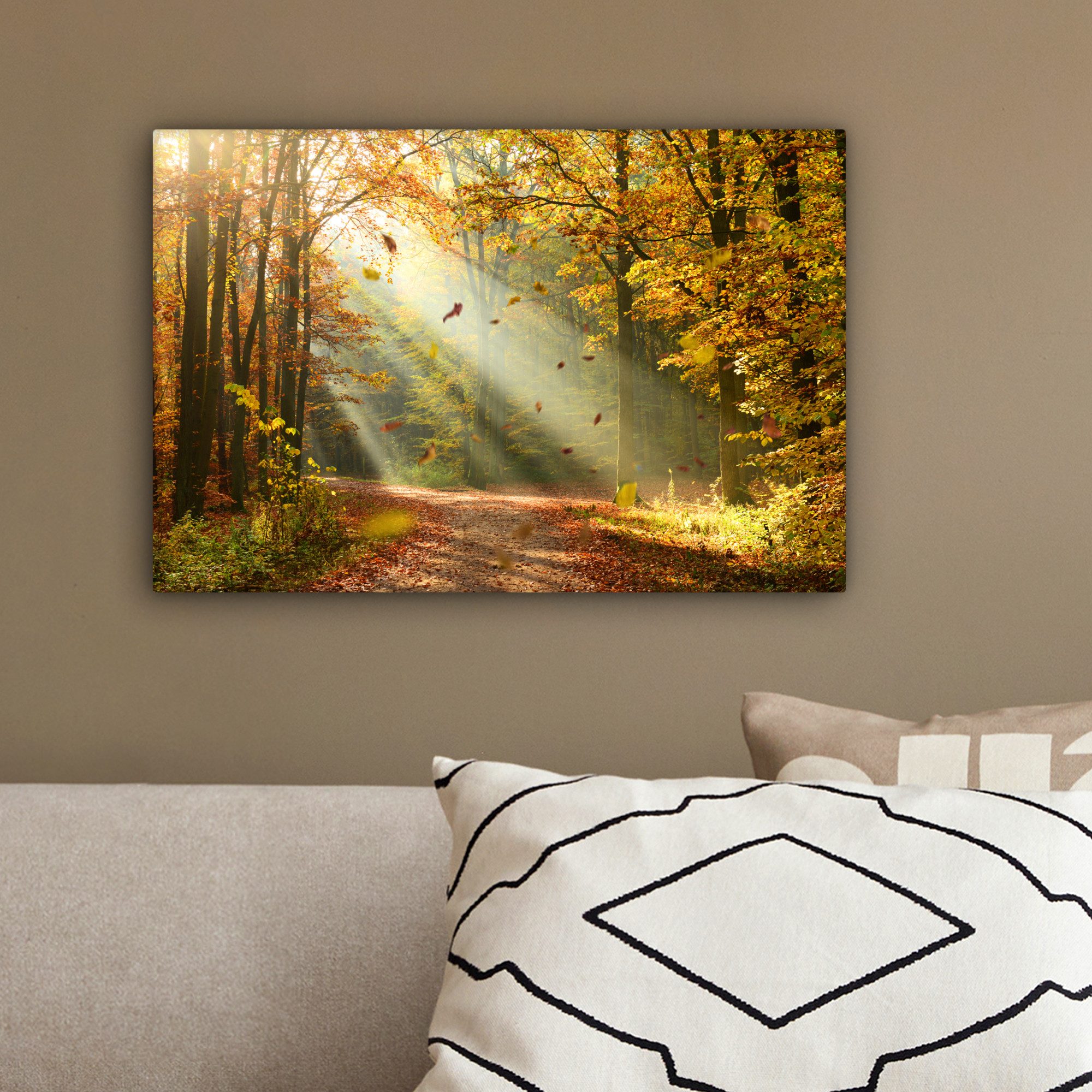 OneMillionCanvasses® Leinwandbild Wald - Bäume - Herbst - Sonne - Herbstblätter - Natur - Fensterblick, Fotodruck (1 St), Leinwand Bilder Klein, Wand Dekoration – Bild 4 von 5