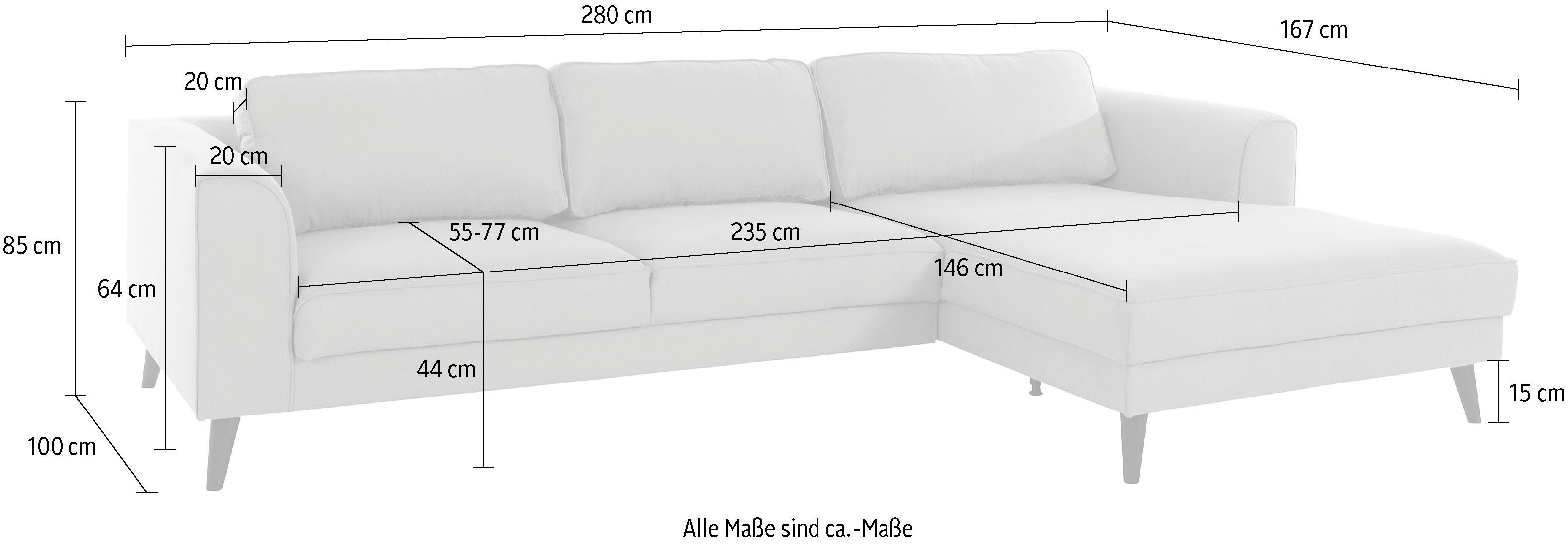 Home affaire Ecksofa Lumber Jack, elegant und bequem, Breite 280, hoher Fuß, L-Form, in moderner Optik