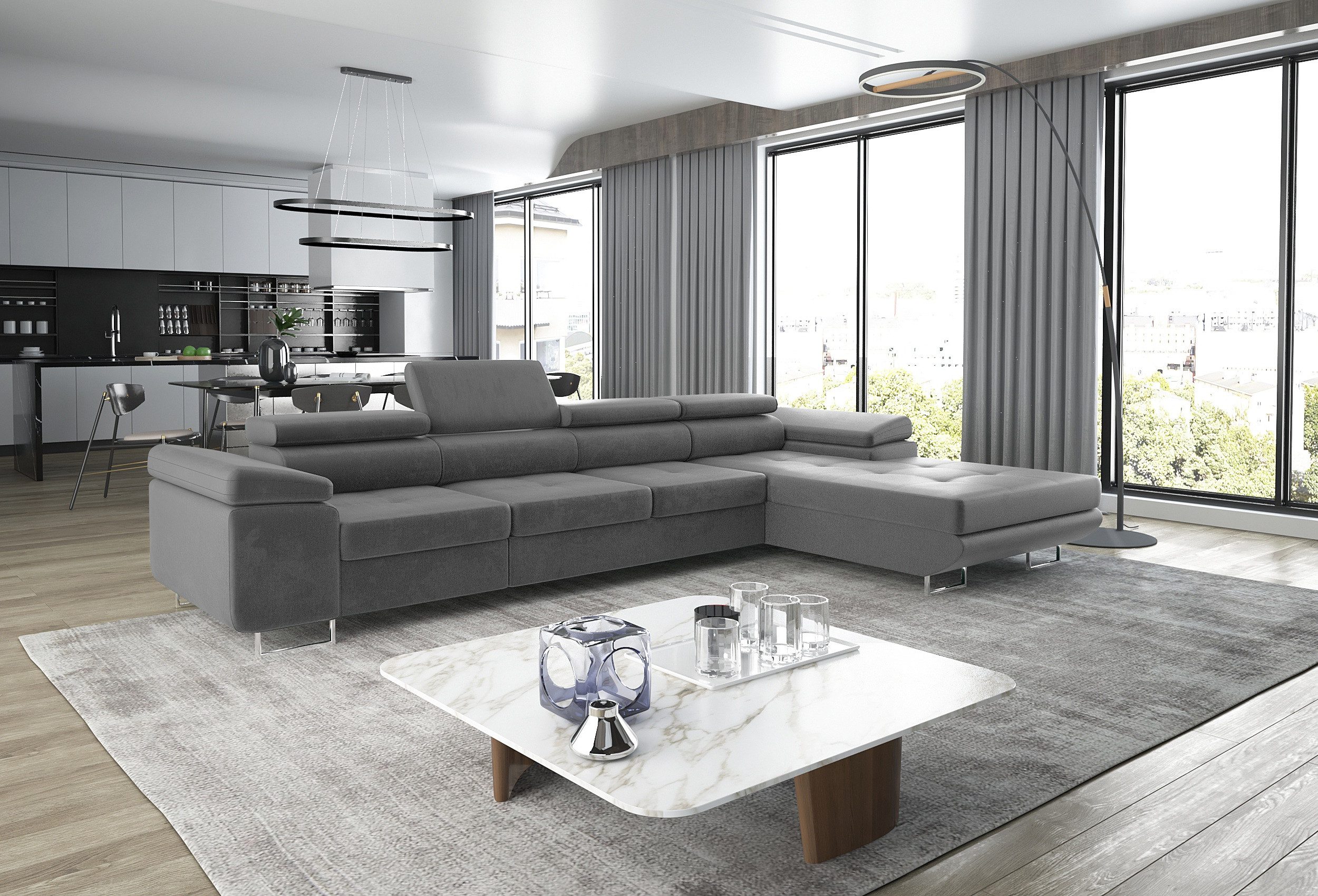 thematys Ecksofa ALVARO MAXI 355 x 204cm mit Schlaffunktion & Bettkasten –, L-Sofa mit 4 verstellbaren Kopfstützen, Samt (Monolotith), oder Cord (Poso) - L-Form, XL-Wohnlandschaft, 355 cm breit