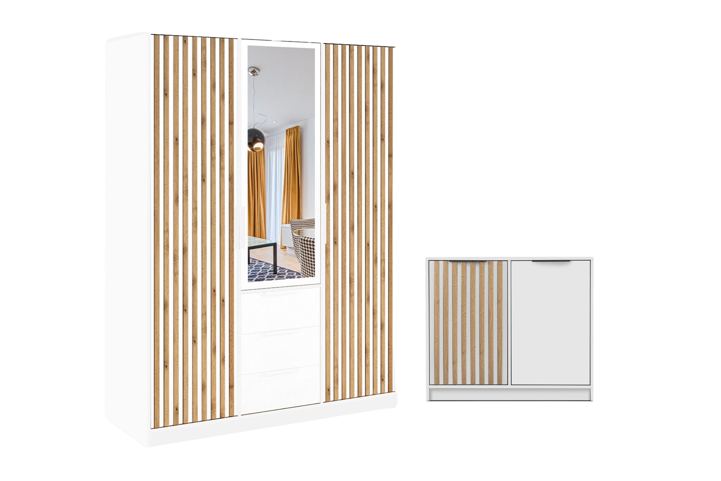 Deine Möbel 24 Schlafzimmer-Set Set D LABOO LUX 3D & LABOO LUX D2 Kleiderschrank & Kommode Set, (Set, 2-tlg., Drehtürenschrank & Sideboard für Schlafzimmer), Lamellen, Eiche Wotan, Schwarz oder Weiß matt