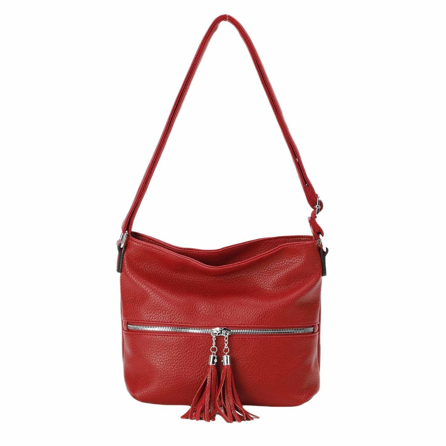 ITALYSHOP24 Schultertasche Damen Tasche Crossbody Shopper Umhängetasche Handtasche Leder Optik, Hobo Bag Damentasche City Bag Freizeit CrossOver Fransen Henkeltasche