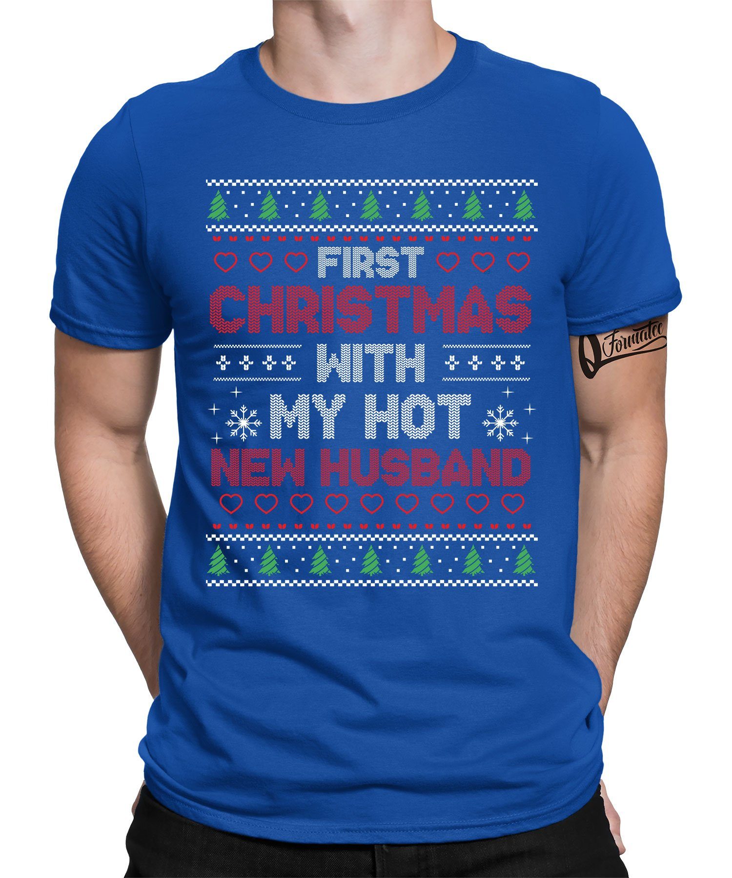 Quattro Formatee Kurzarmshirt Christmas Hot Husband - Weihnachten X-mas Weihnachtsgeschenk Herren (1-tlg) Blau