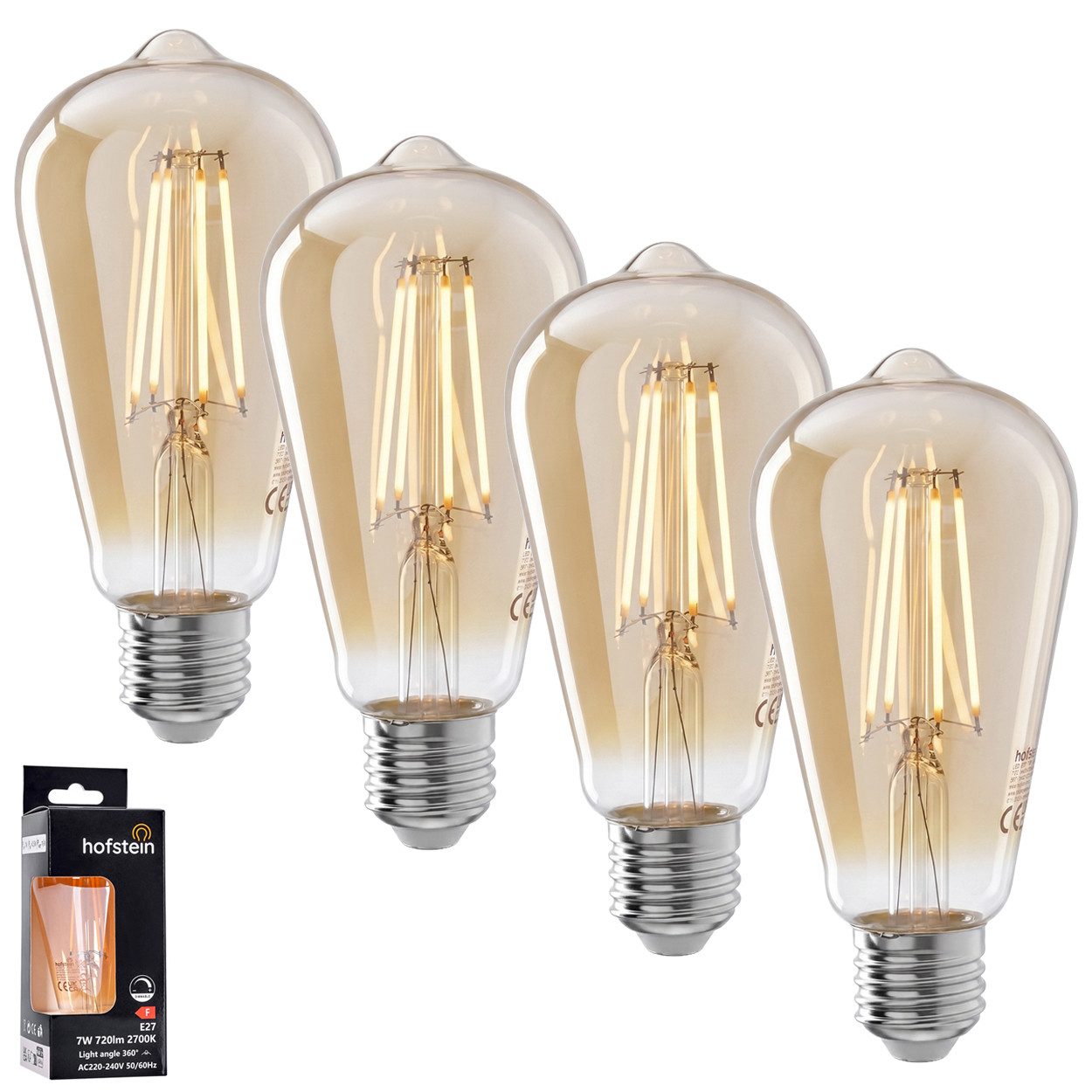 hofstein LED-Leuchtmittel 4er Set Glühbirne Warmweiß dimmbar 6 Watt, E27, 2700 Kelvin, 720 Lumen, Edison Vintage, Filament, Amber