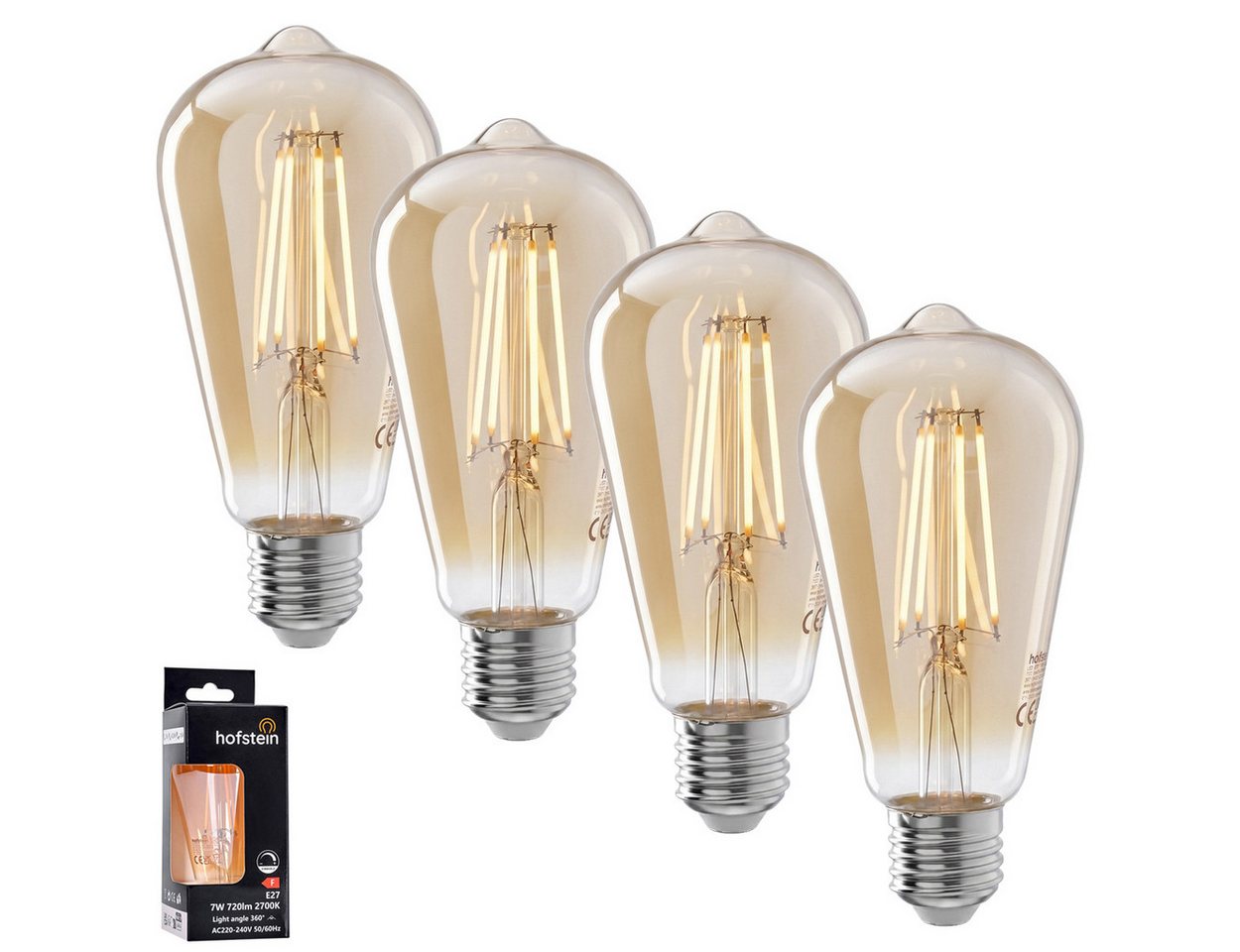 hofstein LED-Leuchtmittel 4er Set Glühbirne Warmweiß dimmbar 6 Watt, E27, 2700 Kelvin, 720 Lumen, Edison Vintage, Filament, Amber