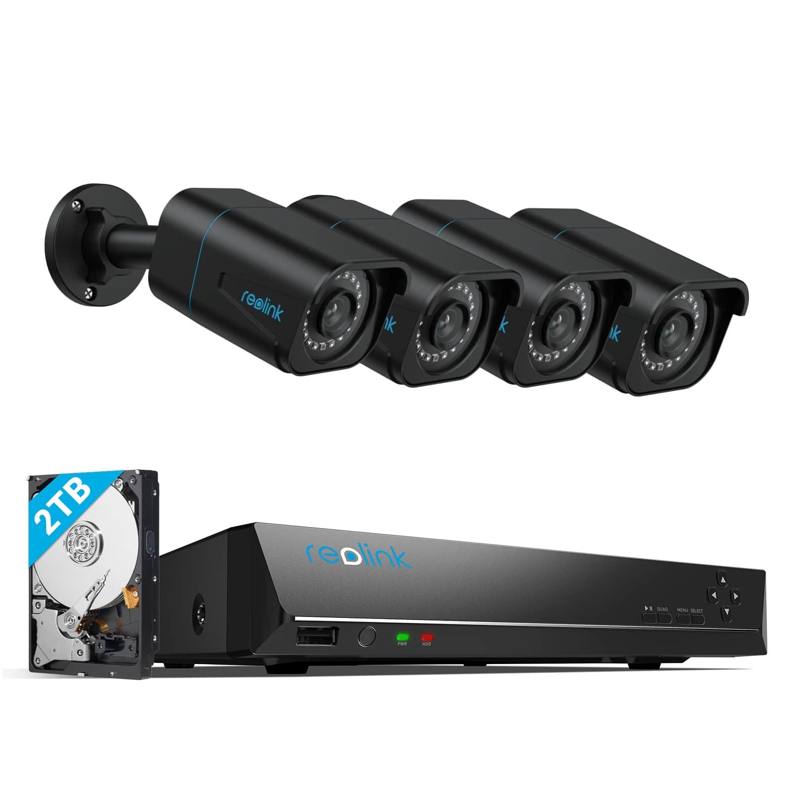 Reolink 4K Überwachungskamera Set RLK8-800B4-A Überwachungskamera (Aussen, 8CH 2TB HDD NVR, 4X PoE IP Kamera, Personener-&Fahrzeugerkennung)