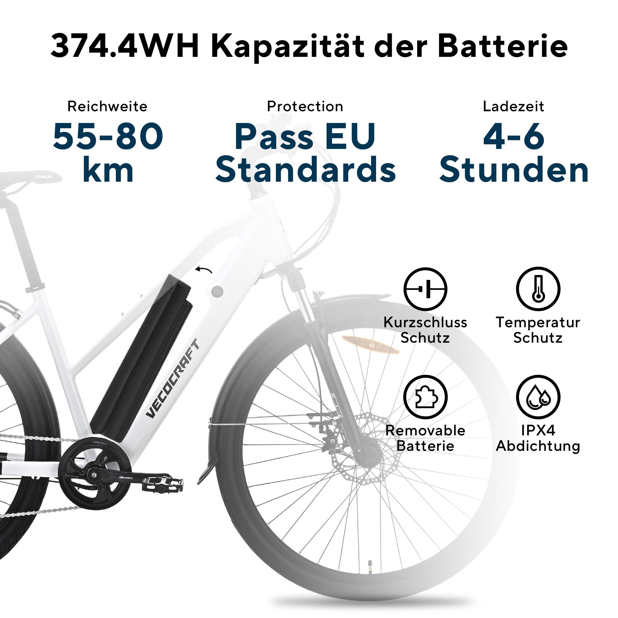 VECOCRAFT E-Bike Cityrad Eurybia 25 km/h ebike herren 28 zoll, 7 Gang Shimano, Kettenschaltung, Heckmotor, 375 Wh