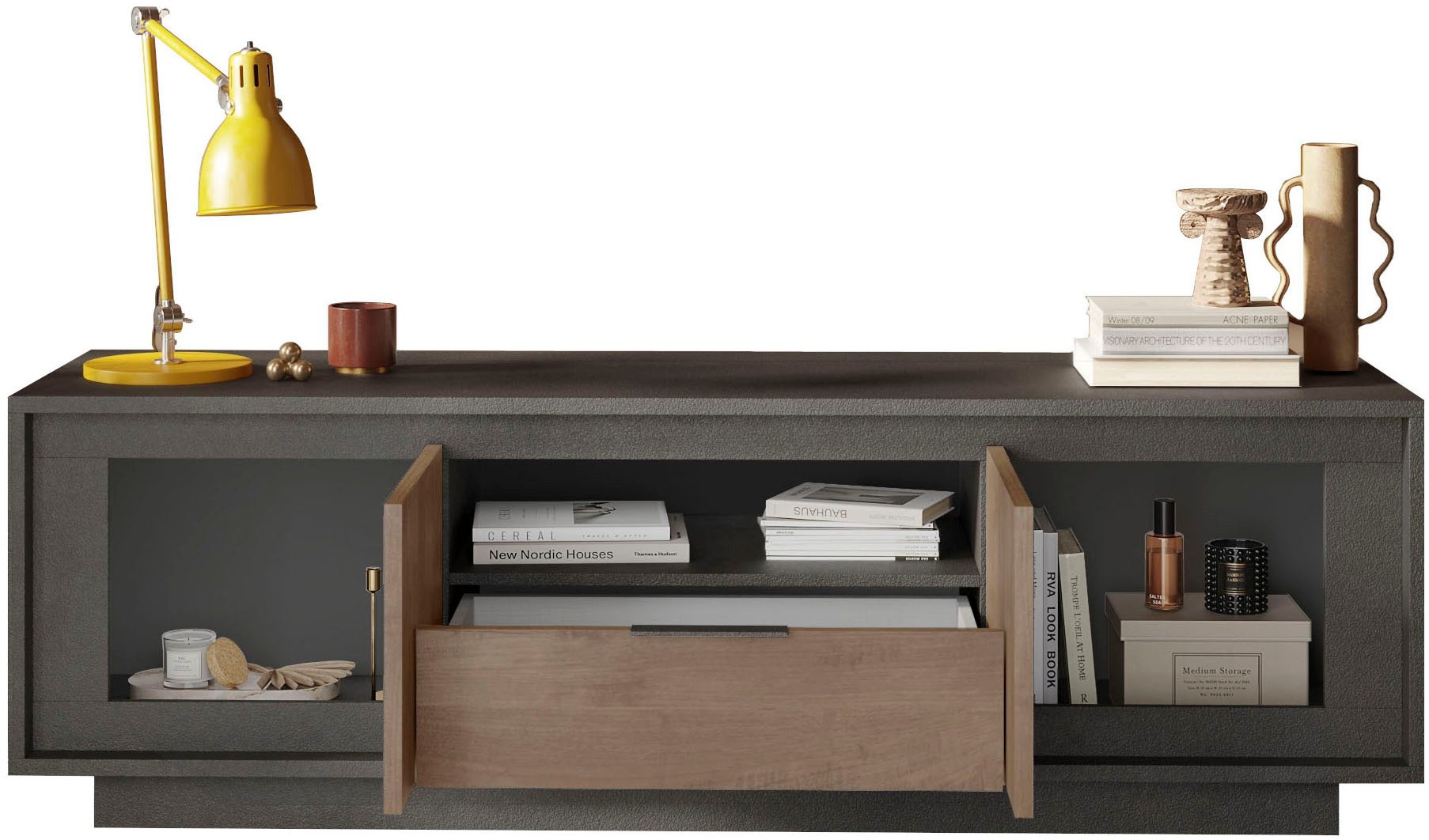 Home affaire Lowboard Sky, B/T 180/50 cm, TV-Schrank/Medienboard, 2 Türen, 1 Schubkasten, Softclosing, Korpus & Front 22 mm stark, Rahmen-Optik, Metallgriff
