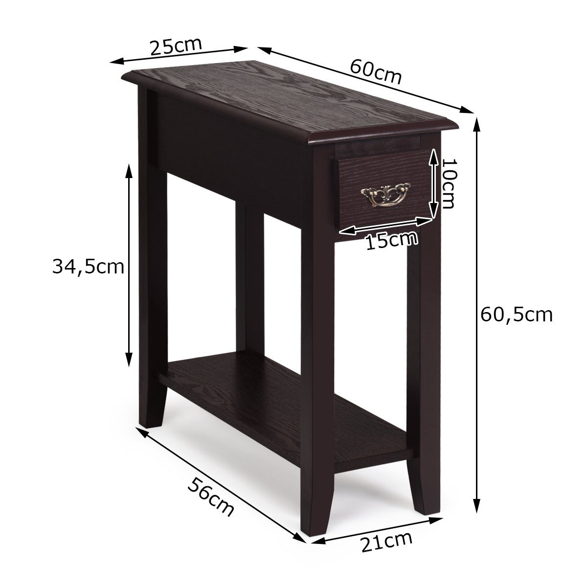 mit 60X25X60cm Konsolentisch COSTWAY Dunkelbraun 2-stöckig, (2-St), Ablage&Schublade,