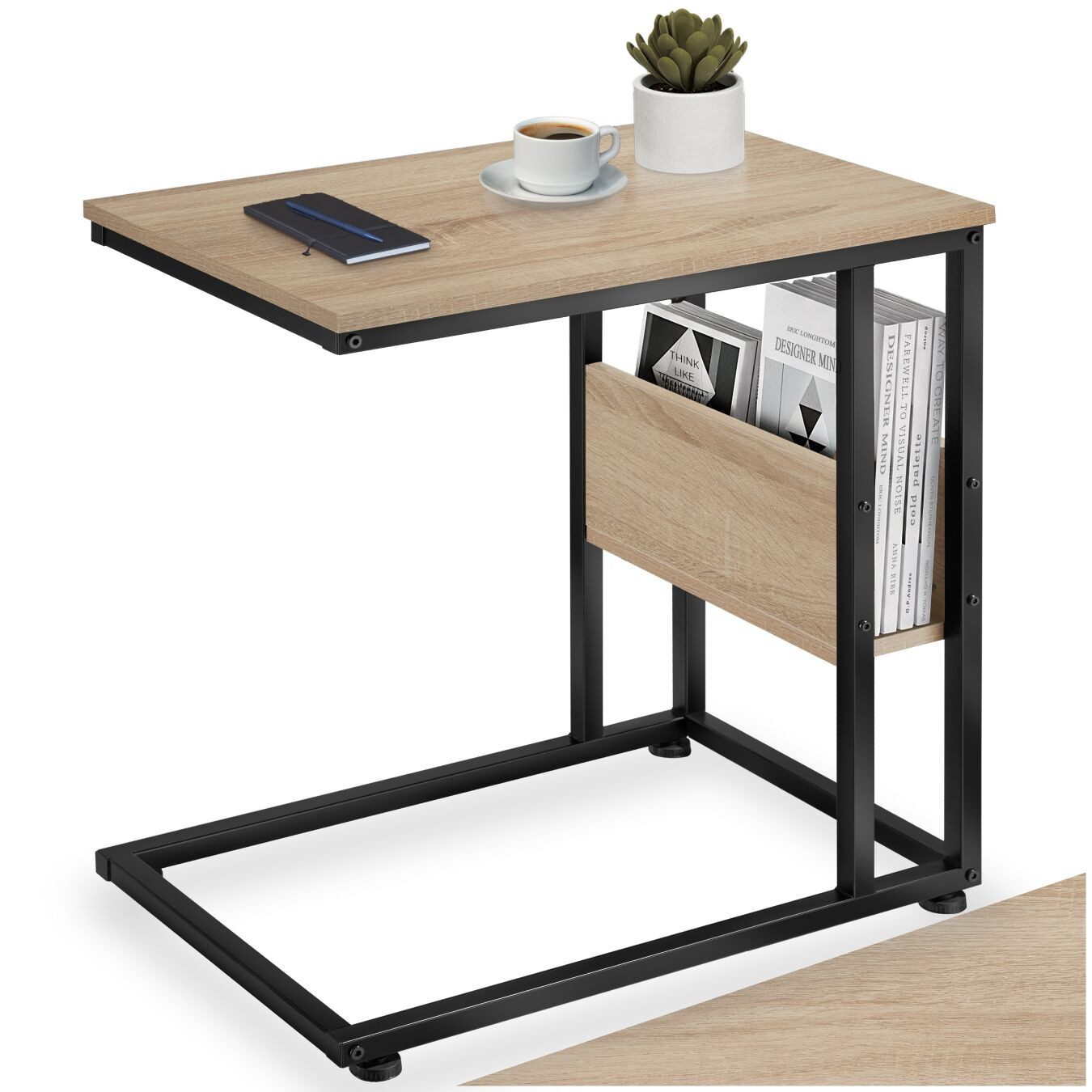 tectake Beistelltisch Ablagetisch, 55 x 36,5 x 60 cm, in praktischer C-Form mit Seitenfach (Sofatisch Wigan, 1-St., in Industrial Holz hell, Eiche Sonoma), Industrial Style, Holz und Stahl, höhenverstellbare Kunststofffüße