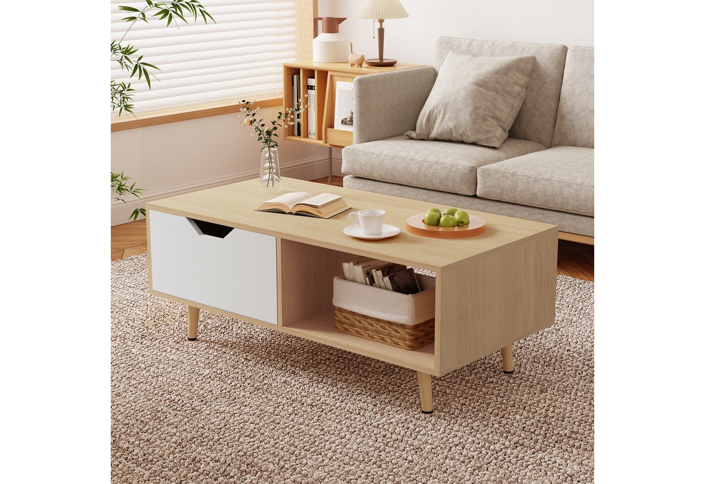 Lexzurn Couchtisch Couchtisch, Kaffeetisch, Sofatisch mit Schubladen (106 x 58 x 39,5 cm), und offenen Ablagefächern, Wohnzimmertisch, Weiß+Naturholz