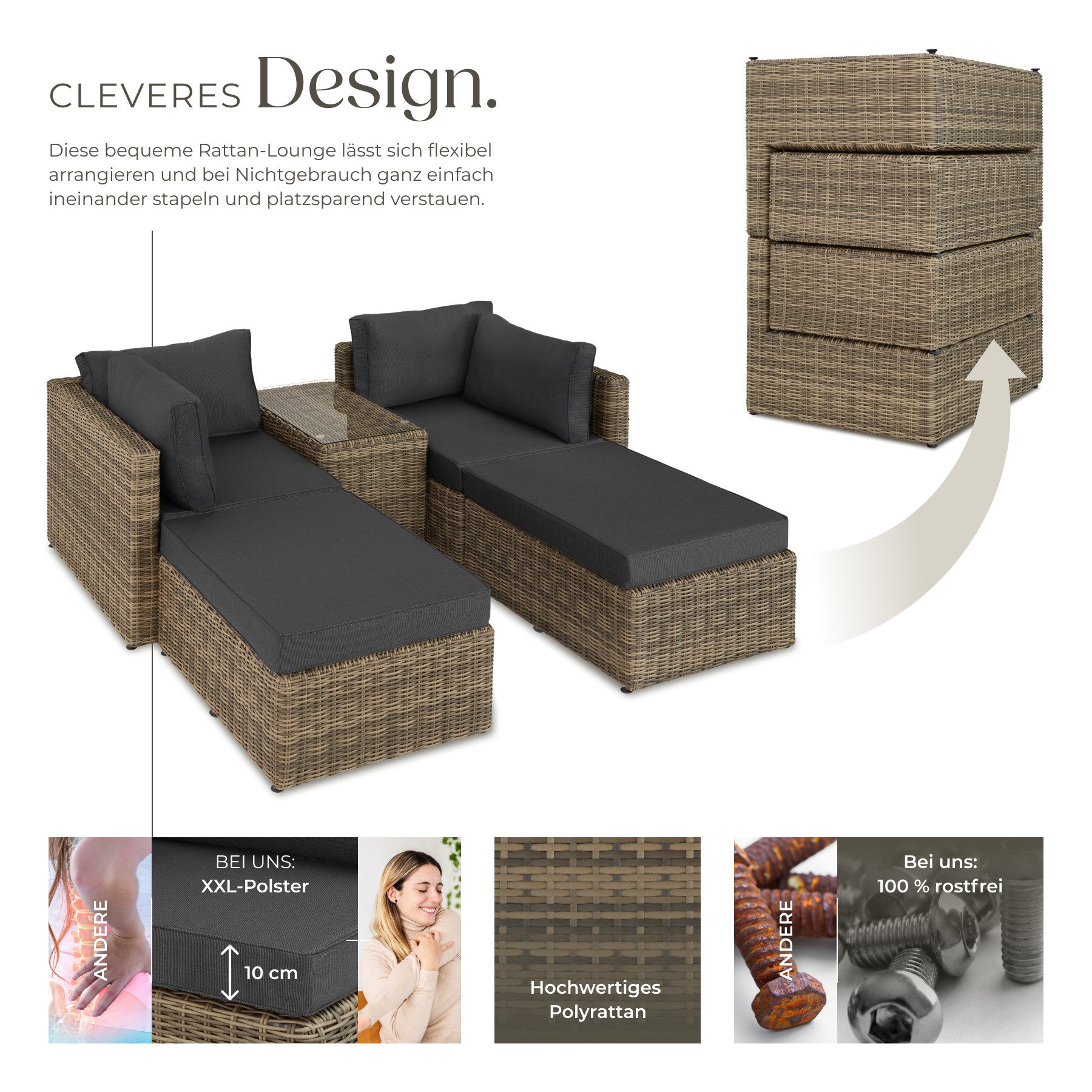 tectake Loungeset Rattan Sitzgruppe mit Sicherheitsglasplatte, hochwertiges Geflecht, (Gartenlounge-set San Domino, 5-tlg., geeignet für Outdoor in Natur), wetterfest und UV-beständig, Dicke der Sitzpolster 10 cm