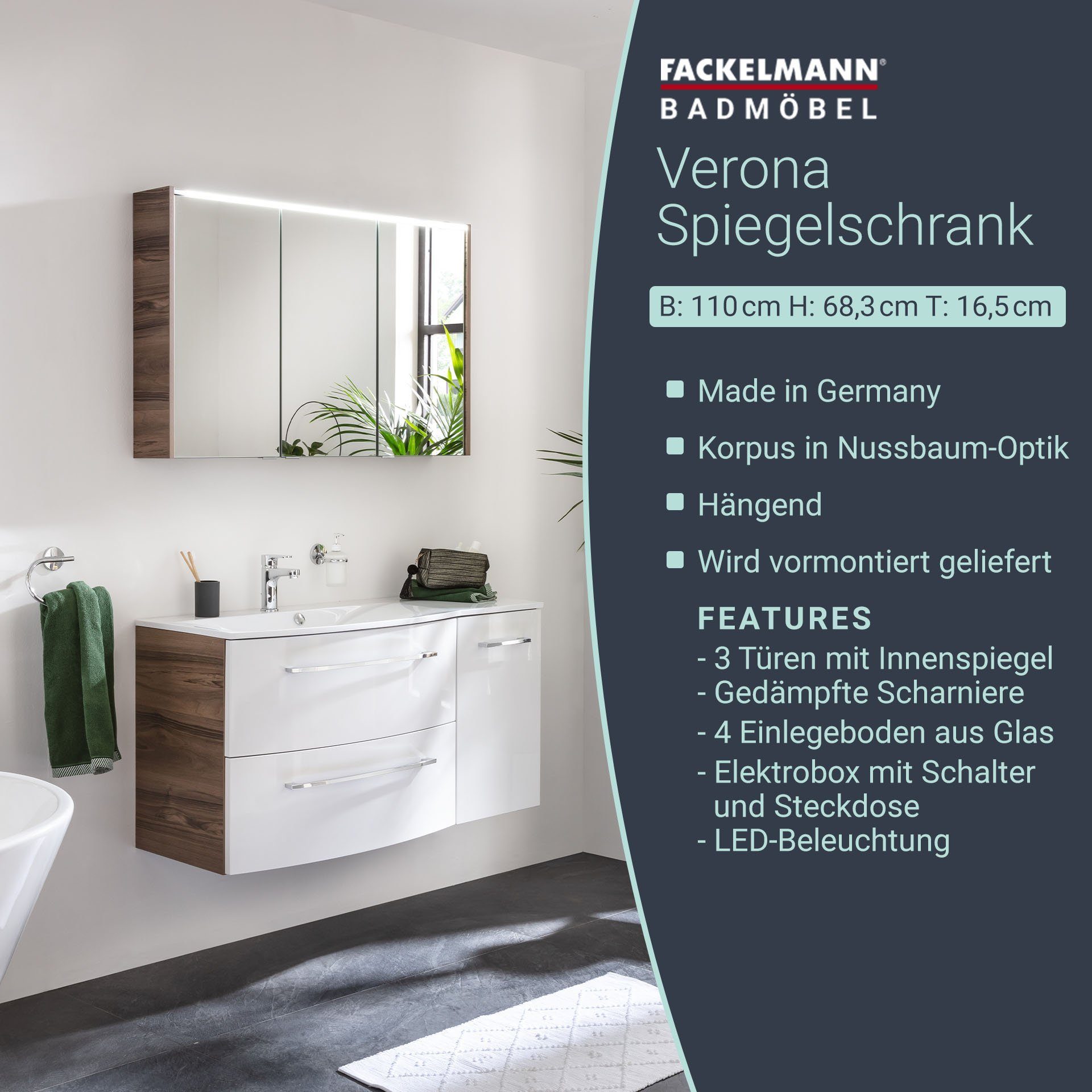 FACKELMANN Badezimmerspiegelschrank Verona LED-Spiegelschrank – vormontiert, hängend