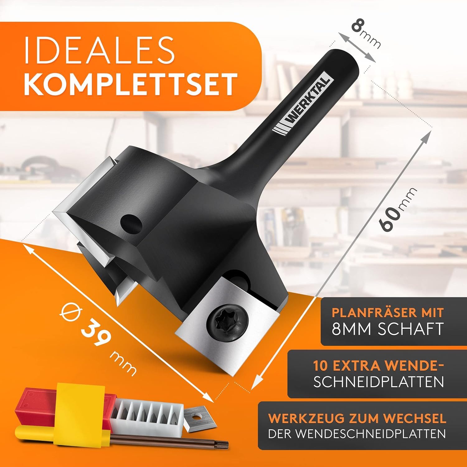 Werktal Schaftfräser [39mm Durchmesser] für Oberfräse 8mm & CNC Fräse, Hochpräziser Hobelfräser mit 10 extra Wendeschneidplatten