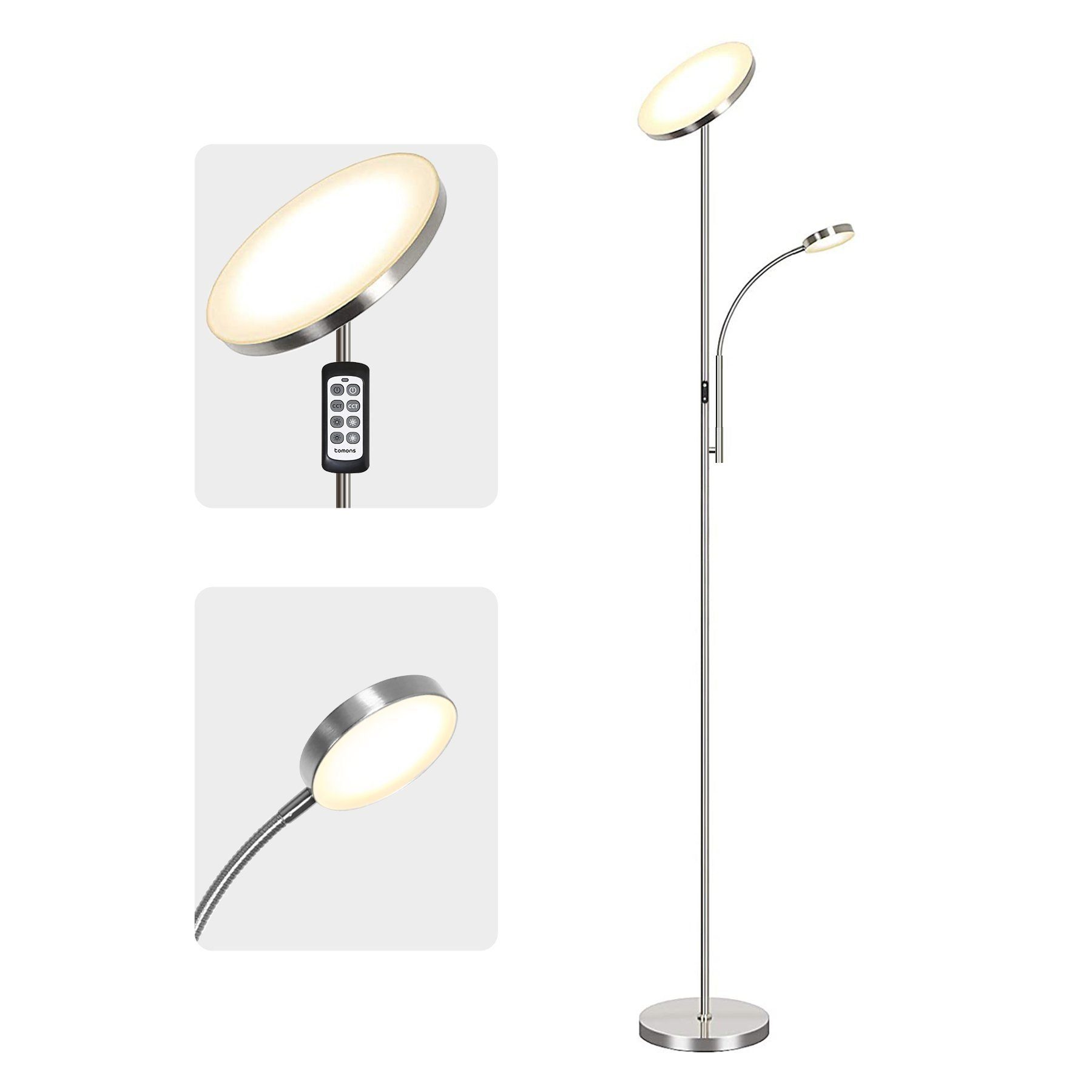 Tomons LED Stehlampe Stehleuchte Stufenlos Dimmbar, verstellbare Leselampe, LED fest integriert