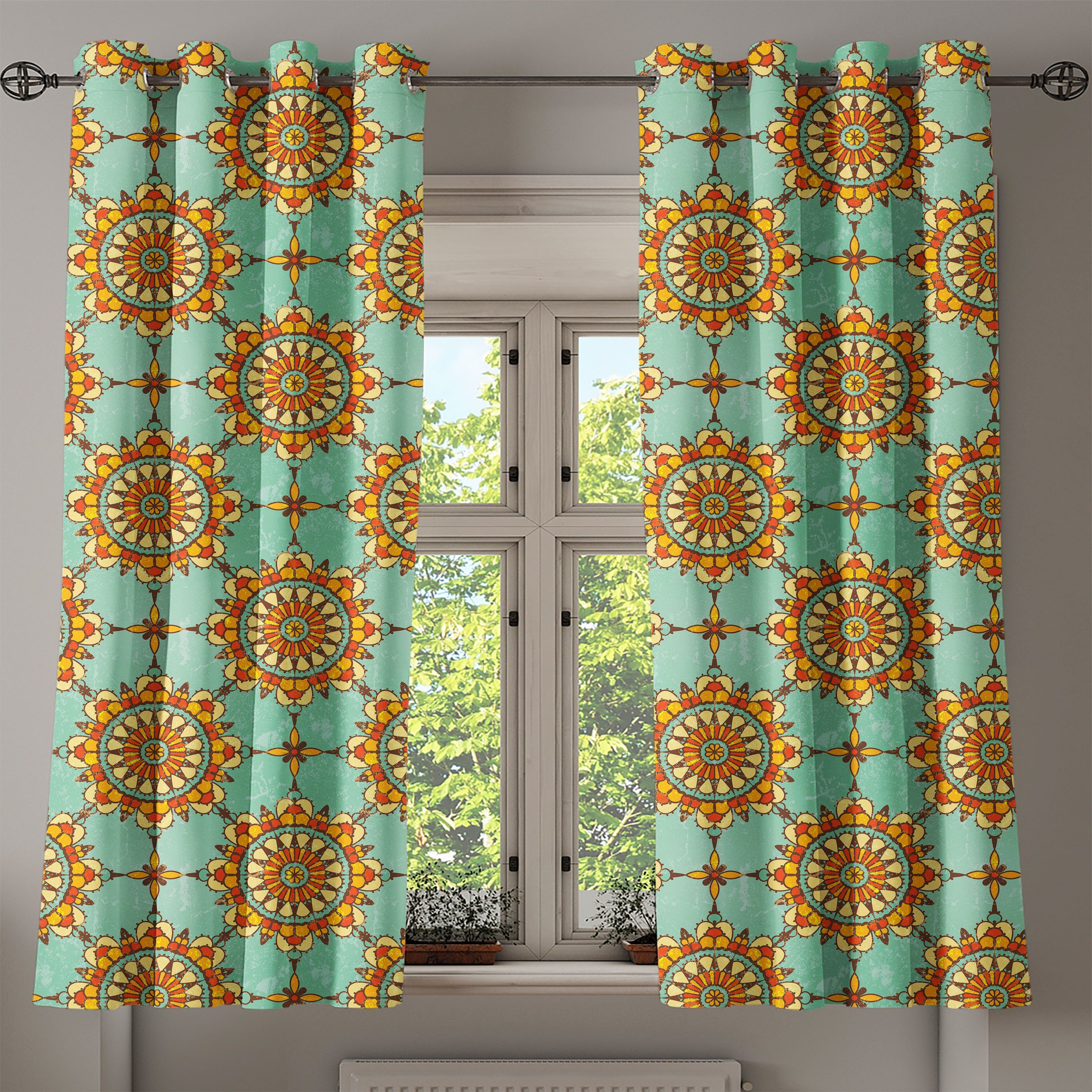 2-Panel-Fenstervorhänge Gardine Abakuhaus, Wohnzimmer, Eastern Dekorative Formular Abstrakt für Victorian Schlafzimmer