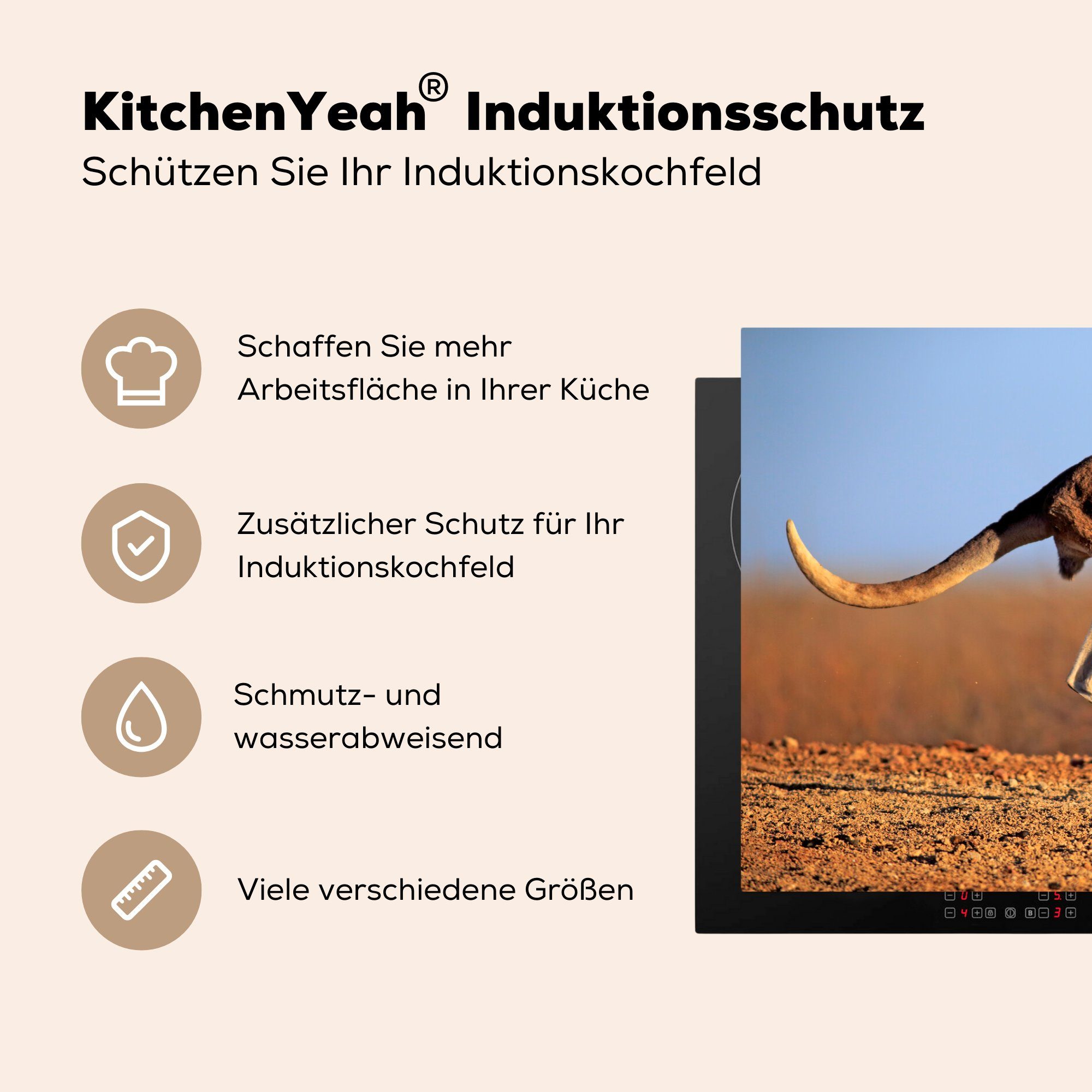 MuchoWow tlg), Herdblende-/Abdeckplatte Känguru - Induktionskochfeld (1 81x52 - die cm, Schutz Landschaft küche, Vinyl, für - Fell Braun, Ceranfeldabdeckung