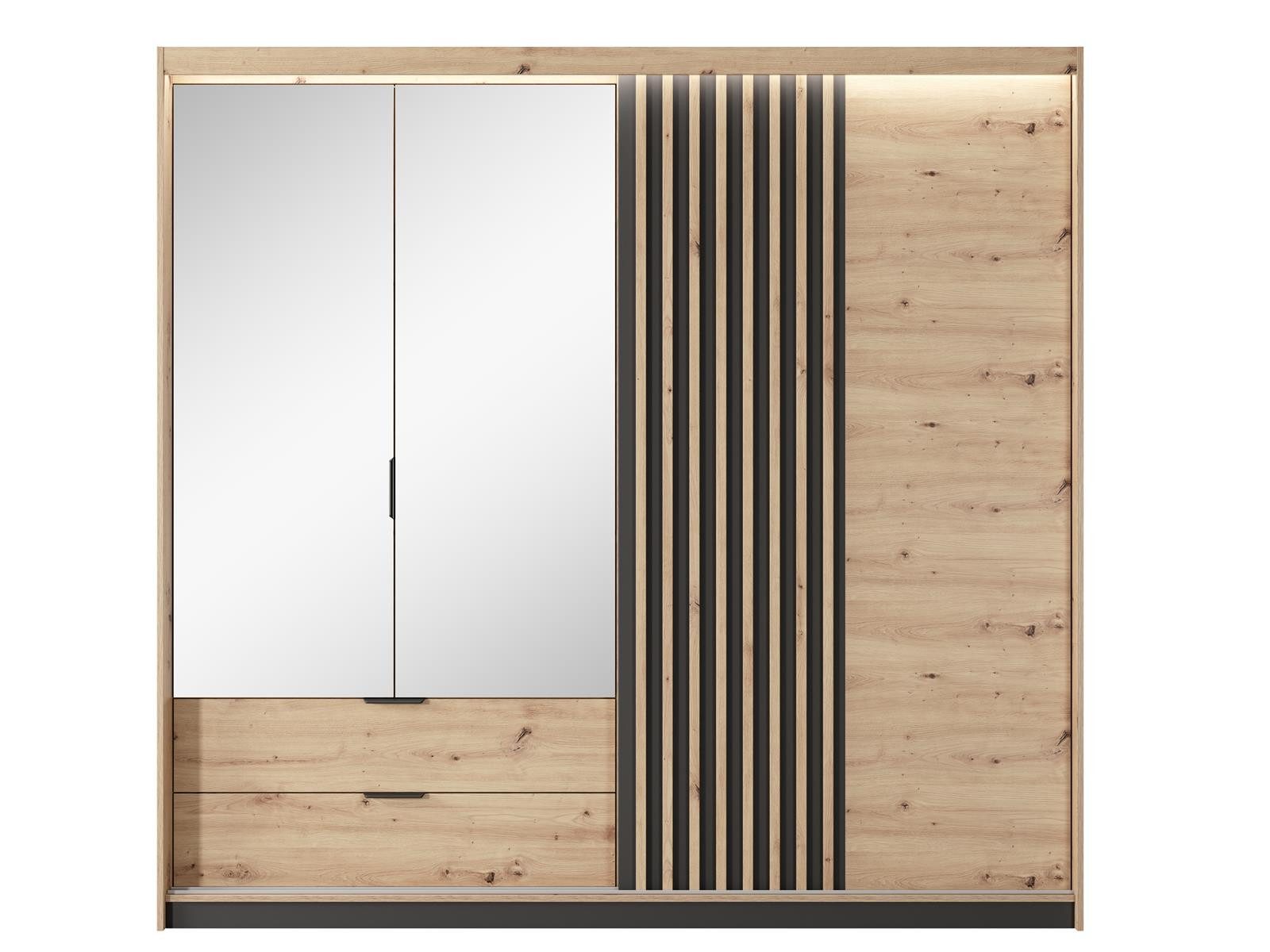 Compleo Schwebetürenschrank mit 2 Schubladen und Spiegel, Kleiderschrank mit zwei Türen MONS Modern Schlafzimmer