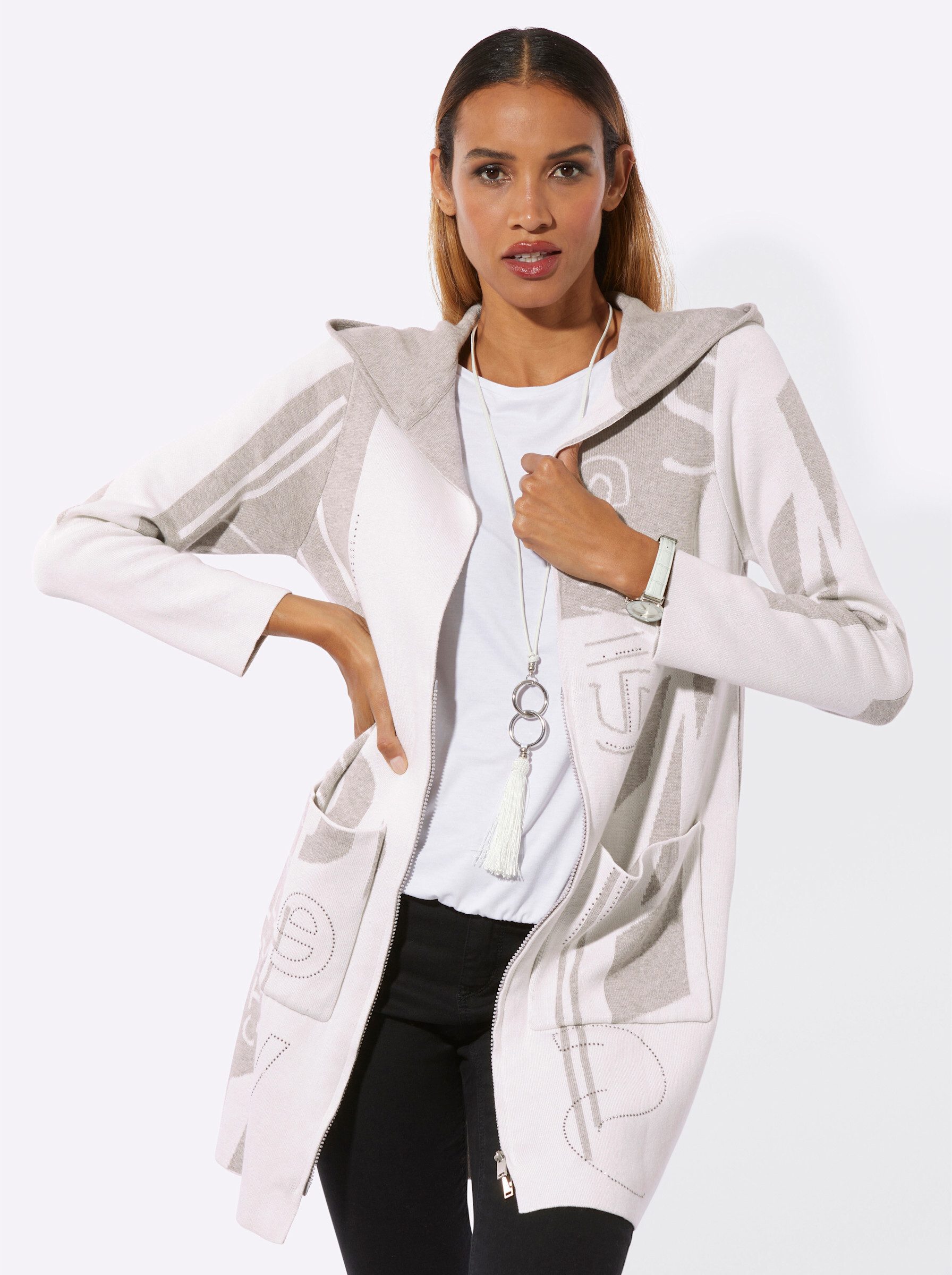 creation L Strickjacke Modal-Baumwoll-Strickjacke Langarm Jacquard – Bild 3 von 5