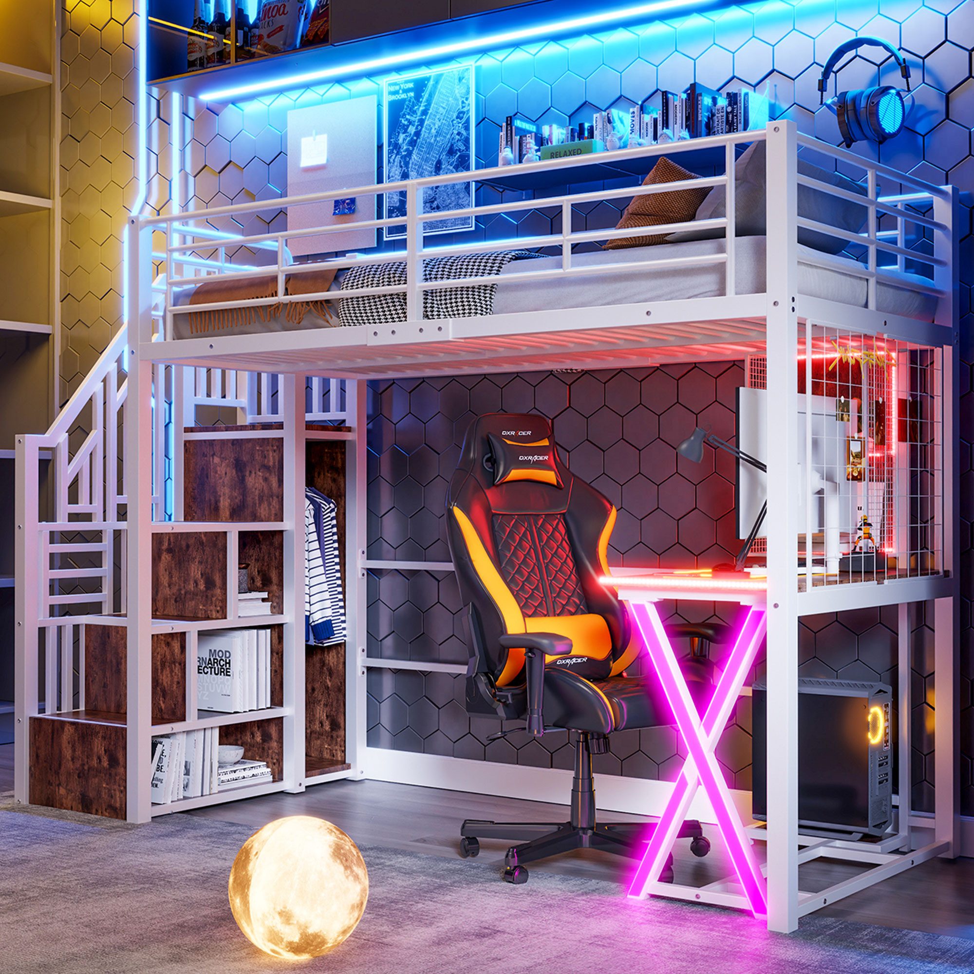 Flieks Hochbett LED Metallbett 90x200cm mit Schreibtisch Kleiderschrank Sta günstig online kaufen