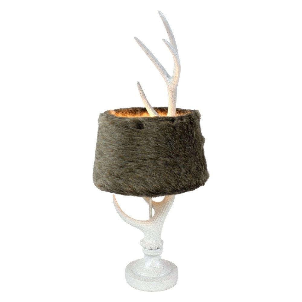 Werner Voß Tischleuchte Landhaus Leuchter Lampe Geweih mit Fell Schirm, ohne Leuchtmittel, shabby Deko weiß