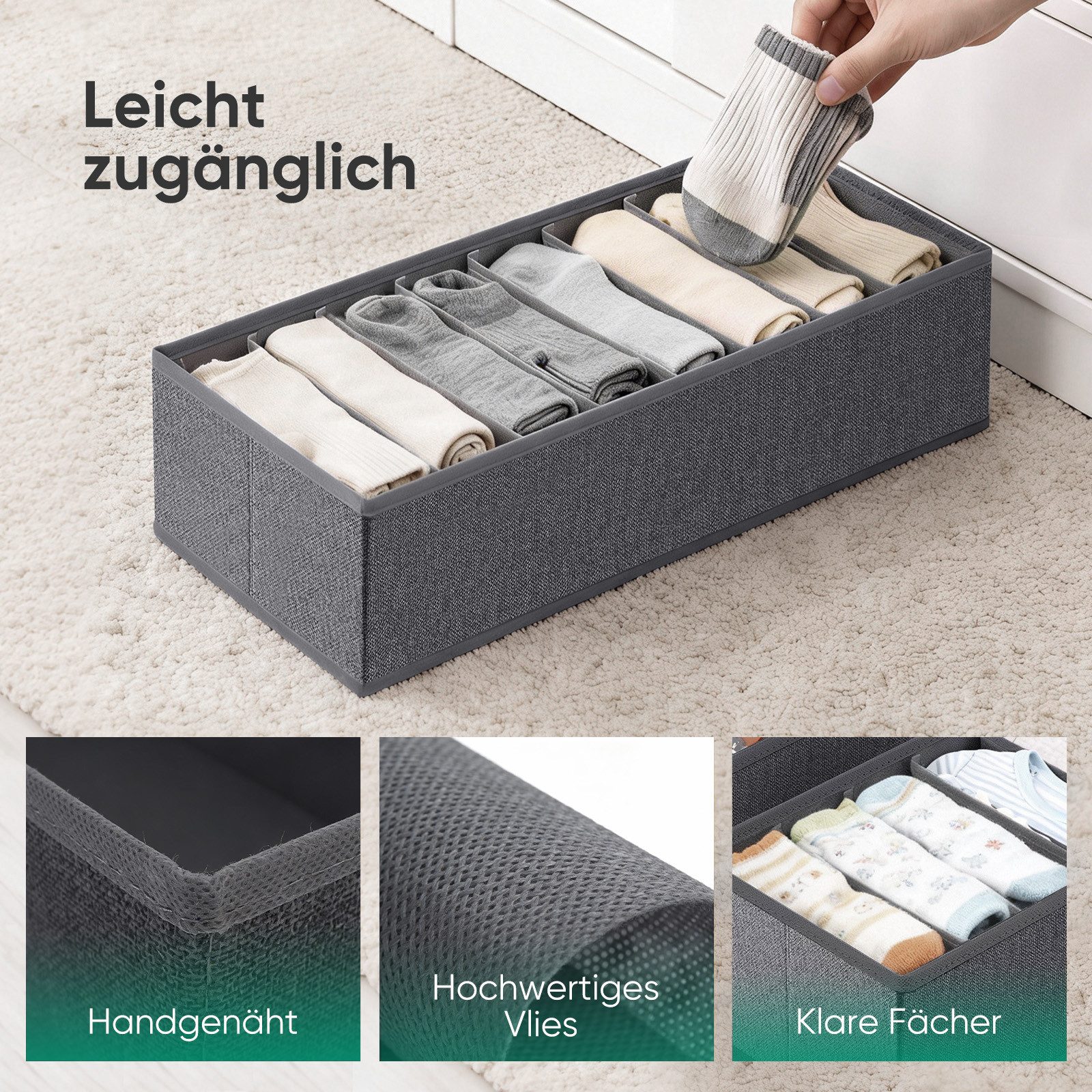Sekey Aufbewahrungsbox Schubladen Organizer aus Vliesstoff – faltbare Aufbewahrungsboxen, 4er-Set, 17,5×35×11 cm für NORDLI Kommode, mit Längsfächern – Bild 5 von 5