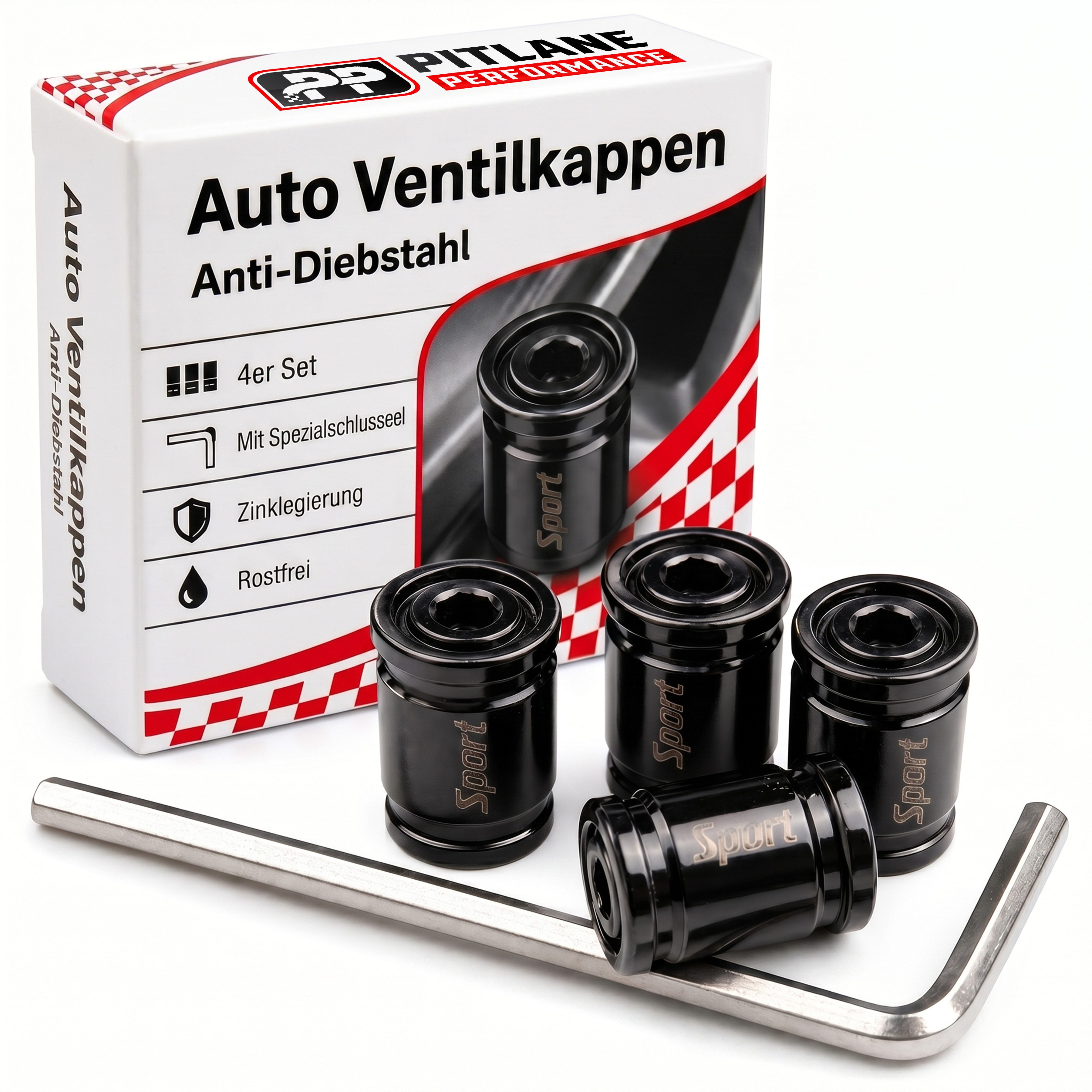 Pitlane Performance Ventilkappe 4er Set Ventilkappen Auto Metall mit Diebstahlschutz, (Rostfrei, Schrader Ventildeckel), Reifenventilkappen Schraderventil Autoventil & Fahrradventil Kappe