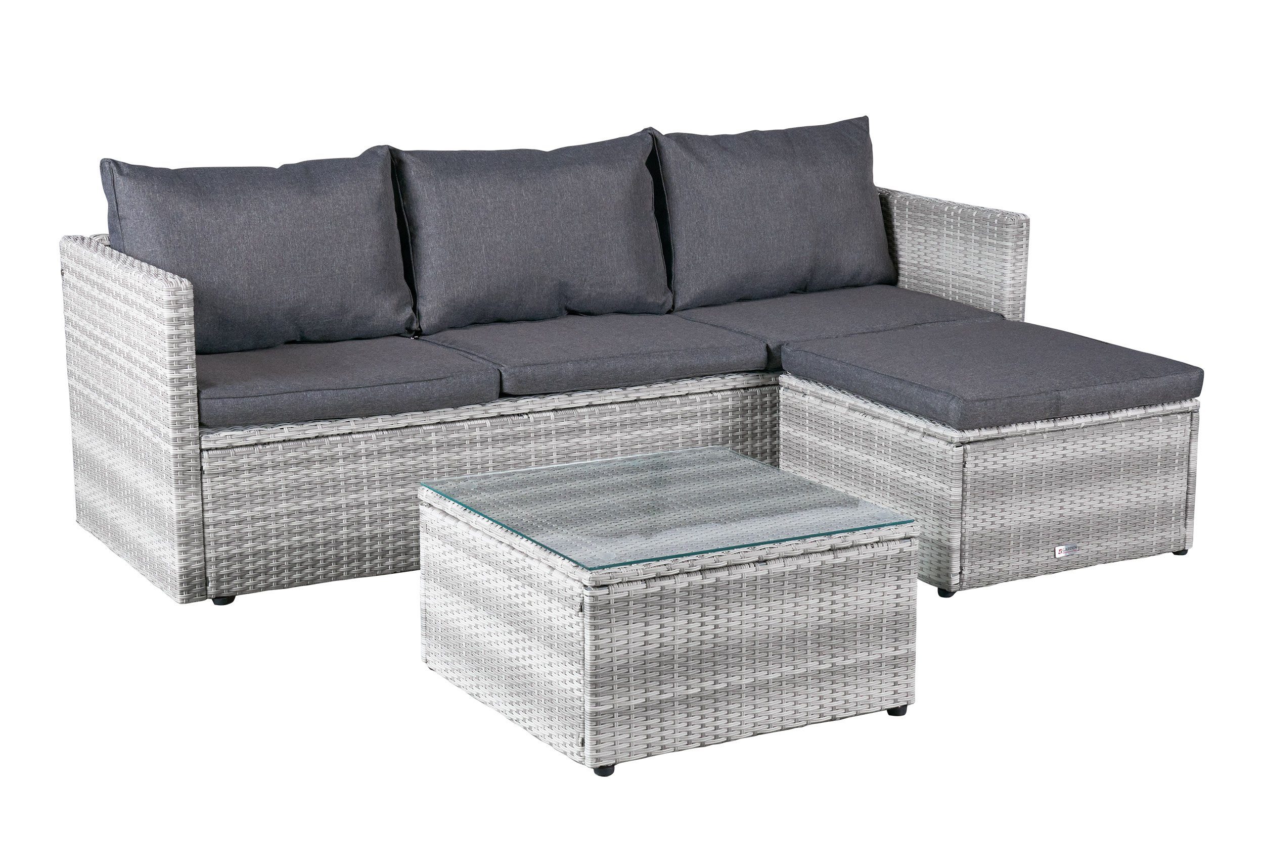dasmöbelwerk Gartenlounge-Set Loungeset Manila Gartenlounge Ecksofa mit Tisch Hocker Polyrattan, individuell stellbar