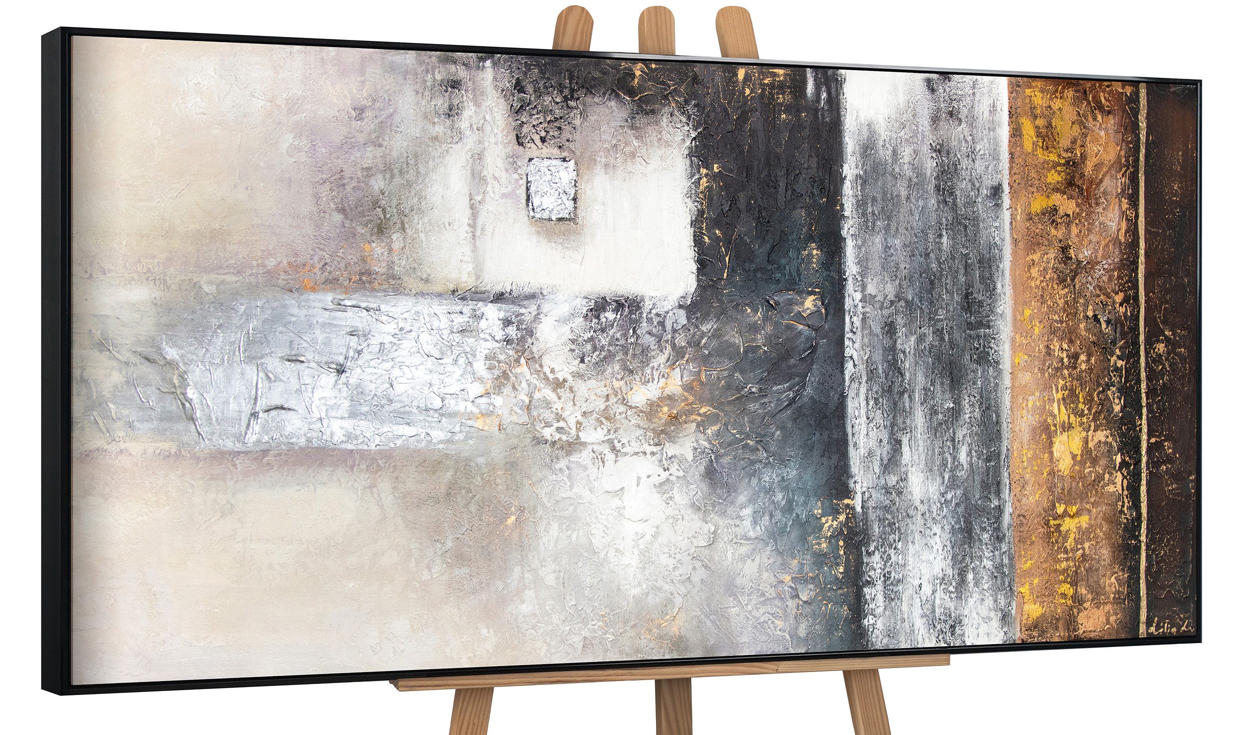 YS-Art Gemälde Erfolg, Abstrakte Bilder, Leinwand Bild Handgemalt Abstrakt Silber Gold Braun Schwarz