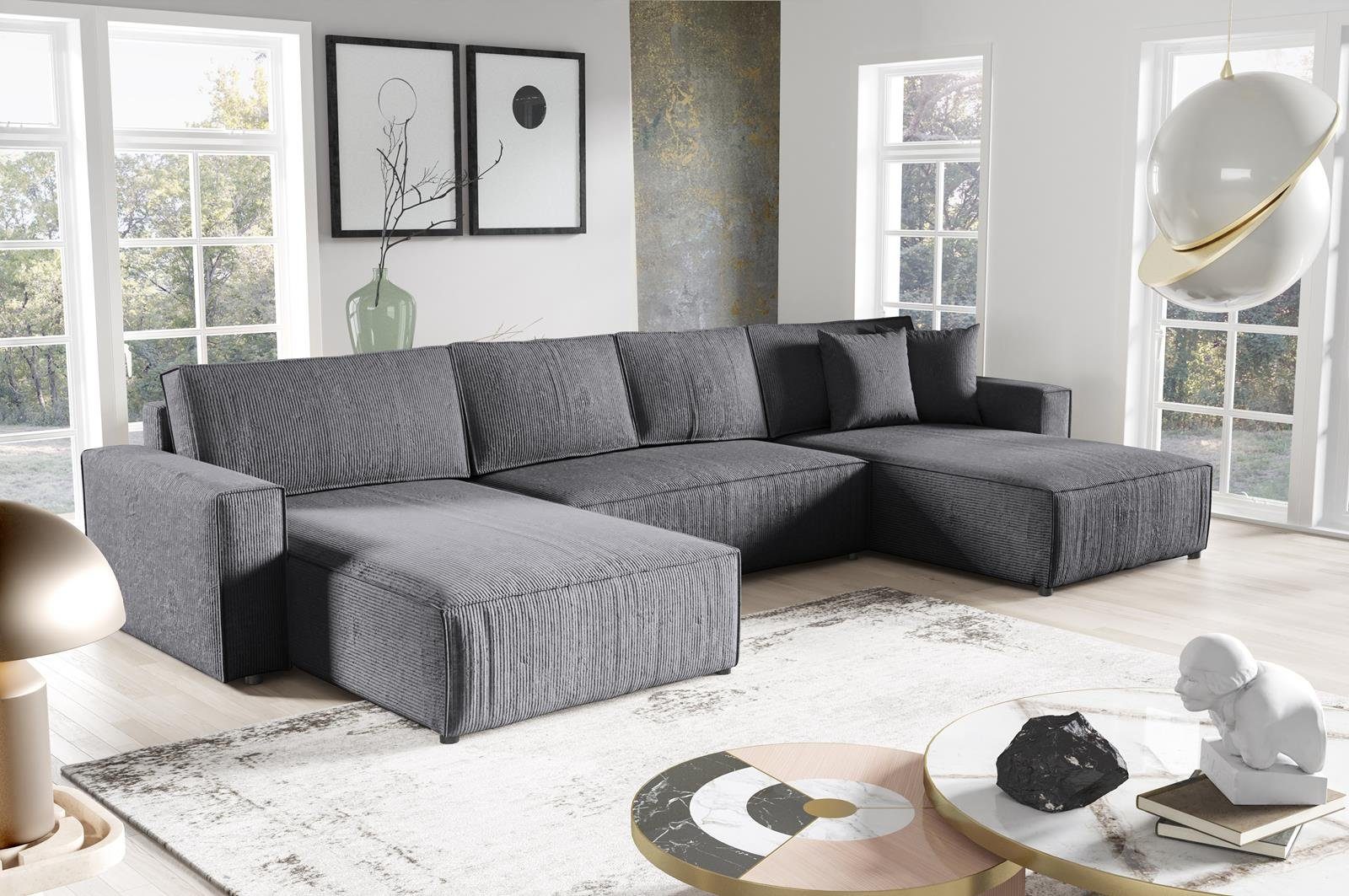 Compleo Ecksofa 390 cm Ecksofa Funktionen Schlafsofa mit U, Grau Corner BOSTON U-Form