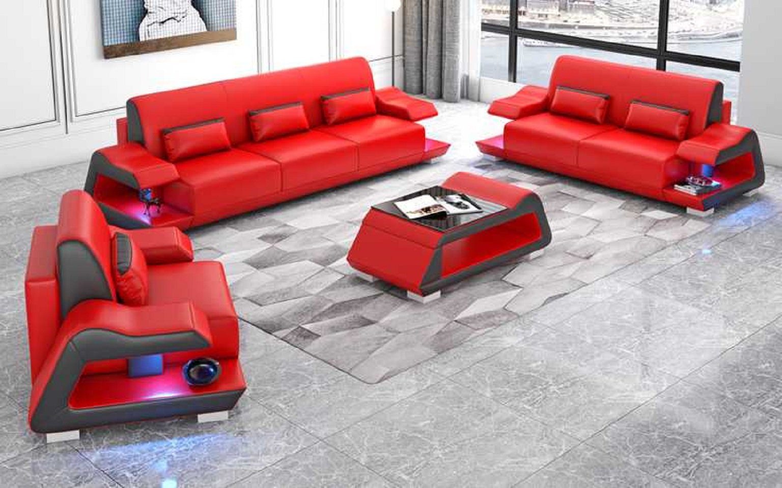 Wohnzimmer-Set Rot + 3+2+1, JVmoebel 2+3 in Sitzer Sofagarnitur Sofas Set Sofa Sessel Made (3-St., Europe Nur Sessel), Couchgarnitur 3tlg
