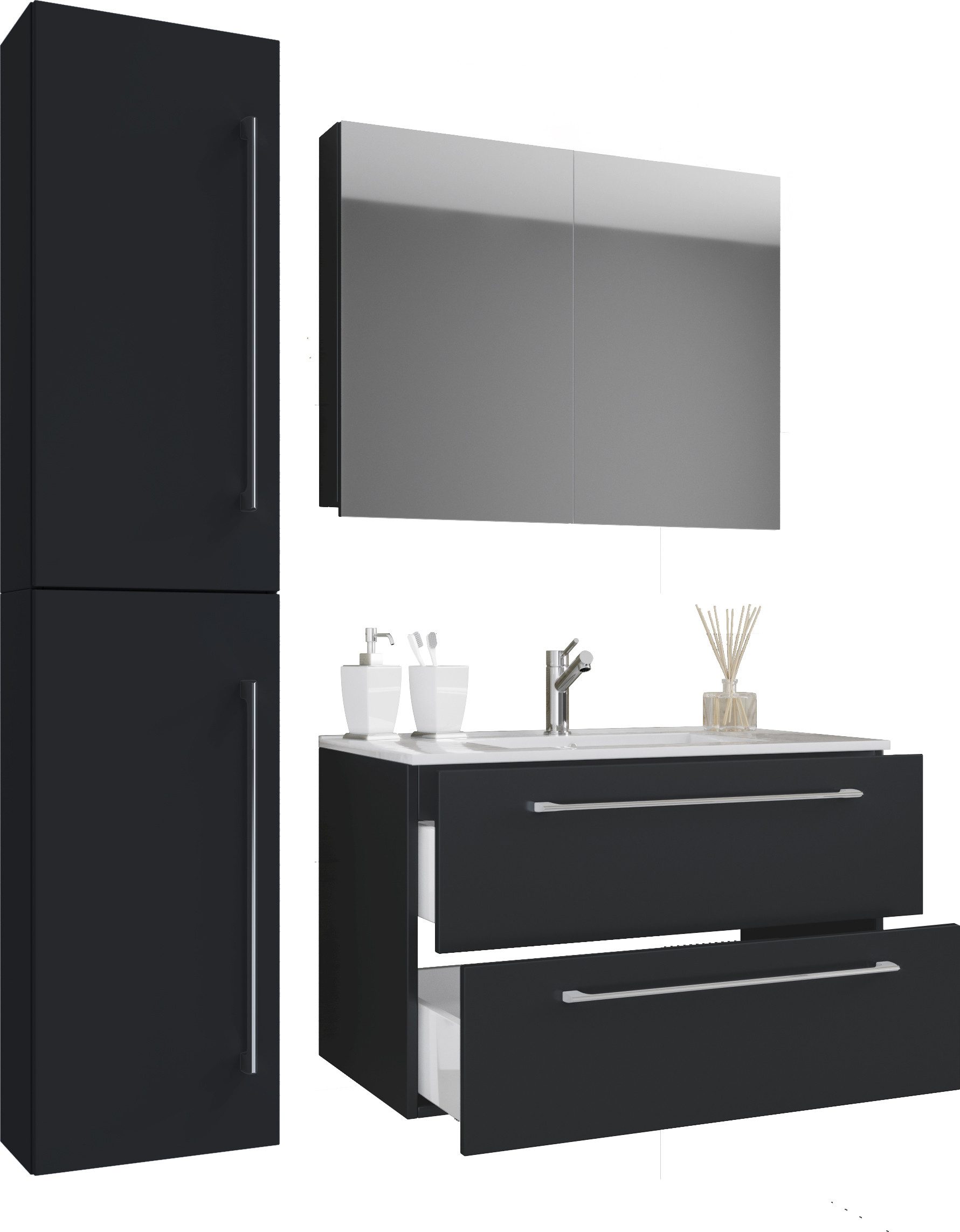 VCM Waschtisch 4tlg-Badinos2SB 151x113x46cm (Set, 4-St., 1x Unterschrank 1x Waschbecken 1x Spiegelschrank 1x Hochschrank), 4-tlg. Waschplatz, Waschbecken Unterschrank Breite 80 cm, Badmöbel