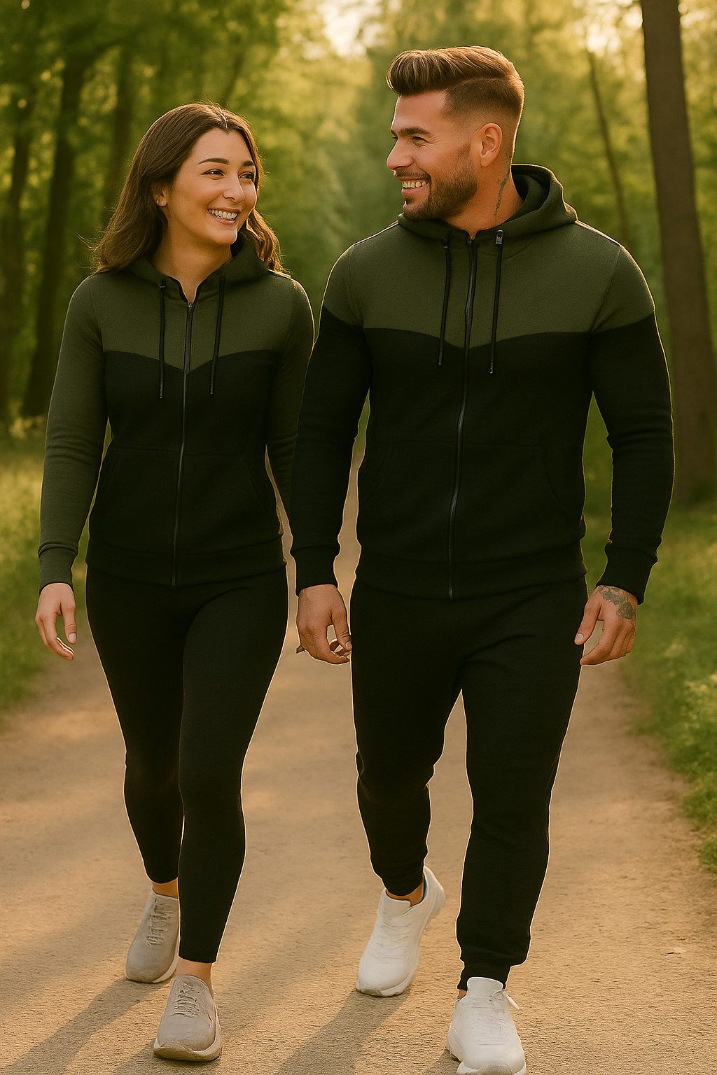 L.gonline Freizeitanzug Herren Jogginganzug, Freizeitanzug 984 Schwarz Oliv M (Kapuzenjacke mit Reißverschluss, Hose, 2-tlg), Fitness Freizeit Casual – Bild 5 von 5