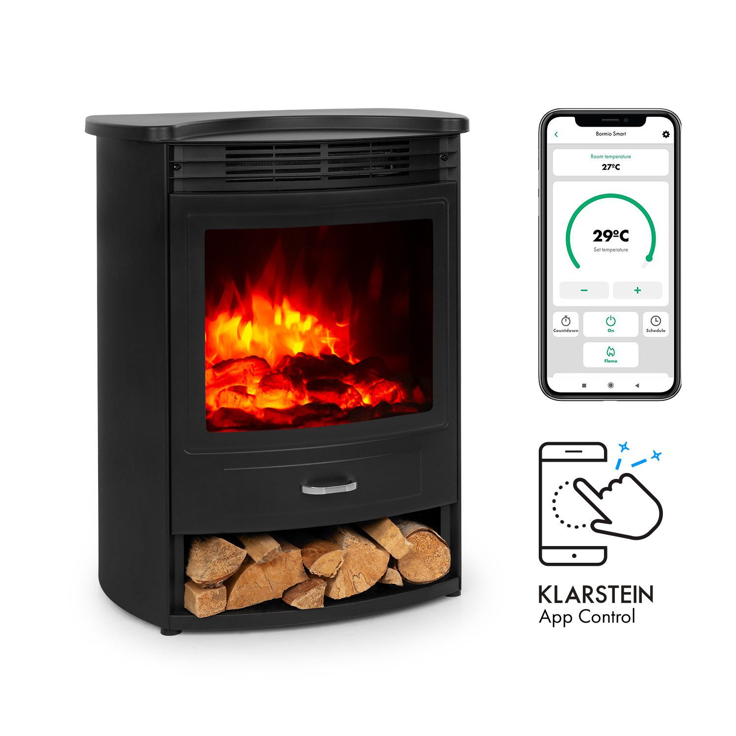 Klarstein Elektrokamin Bormio S Smart, elektrischer Kamin Heizfunktion elektrischer Kaminofen Elektrokamin
