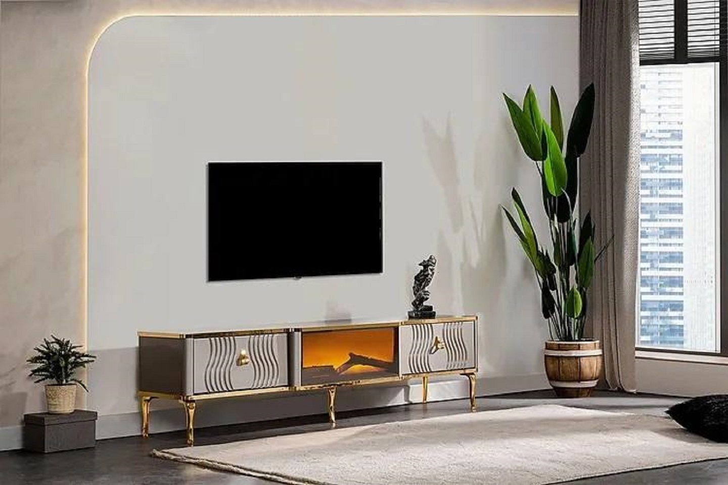 JVmoebel TV-Schrank Silbernes Sideboard mit goldenen Edelstahlakzenten für das Wohnzimmer (1-St., TV-Lowboard) Made in Europa