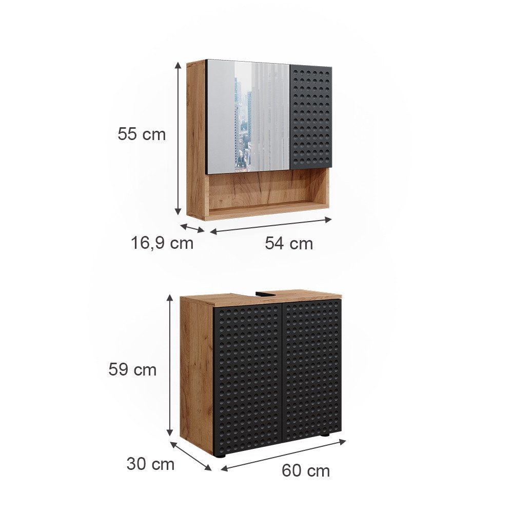 Vicco Badmöbel-Set Irma, Goldkraft Eiche/Anthrazit, 2 Teile, Unterschrank 60 cm, (3-er Set, 2-St., 2er Set)