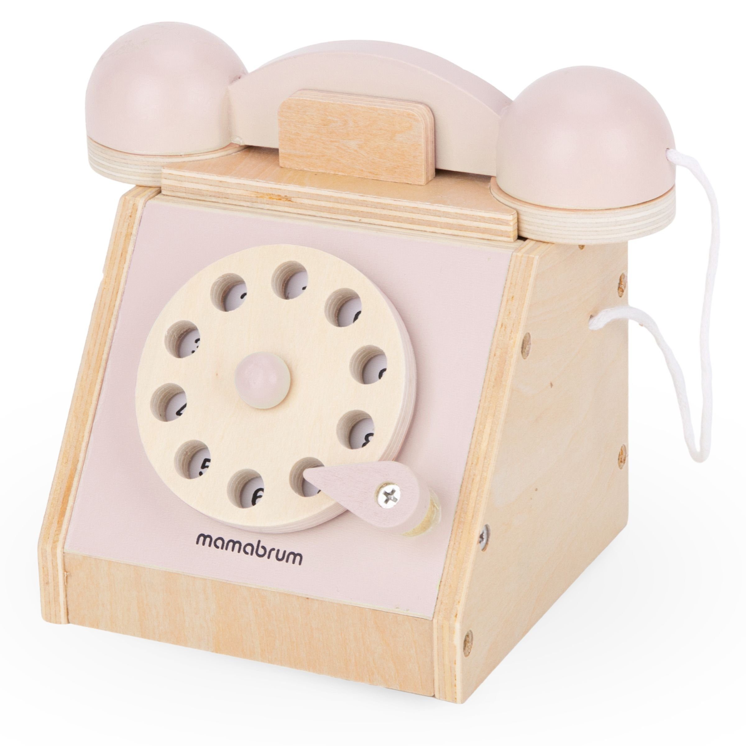 Mamabrum Kinder-Haushaltsset Retro-Holztelefon mit Wählscheibe - pastellrosa