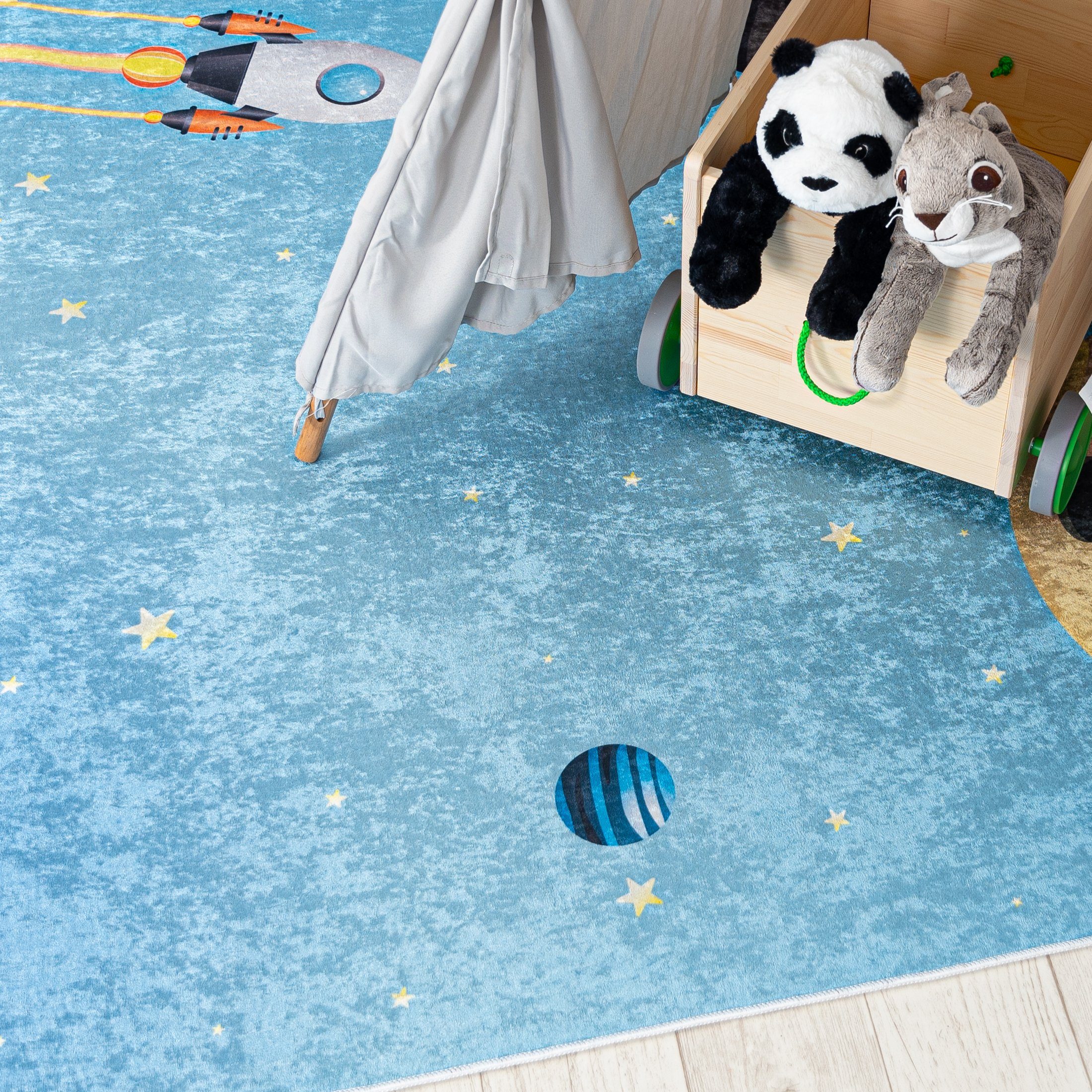 Mazovia Kinderteppich Kinderteppich Kinderzimmerteppich Planeten Weltraum, 80 x 150 cm, Kurflor, Waschbar in Waschmaschine, Höhe 5 mm, Rutschfest