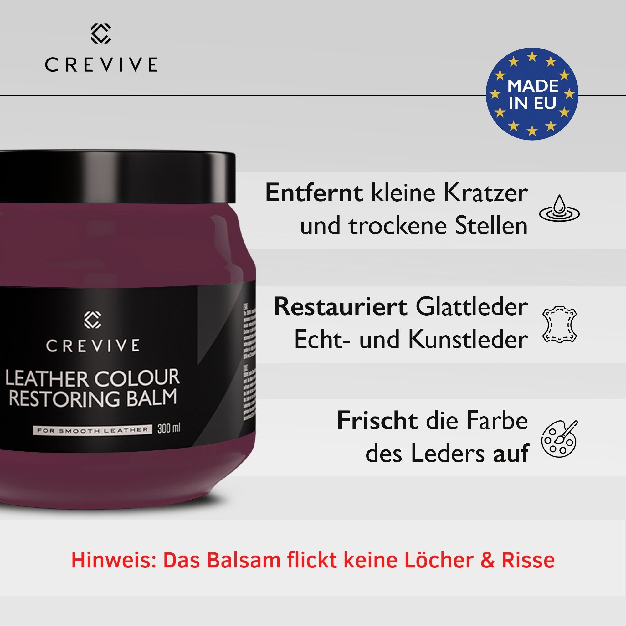 CREVIVE Lederpflegeset (SPARSET 4-teilig, Lederreparatur, sehr ergiebig), 300 ml Lederbalsam + 250 ml Lederreiniger mit Aloe Vera, Lederpflege